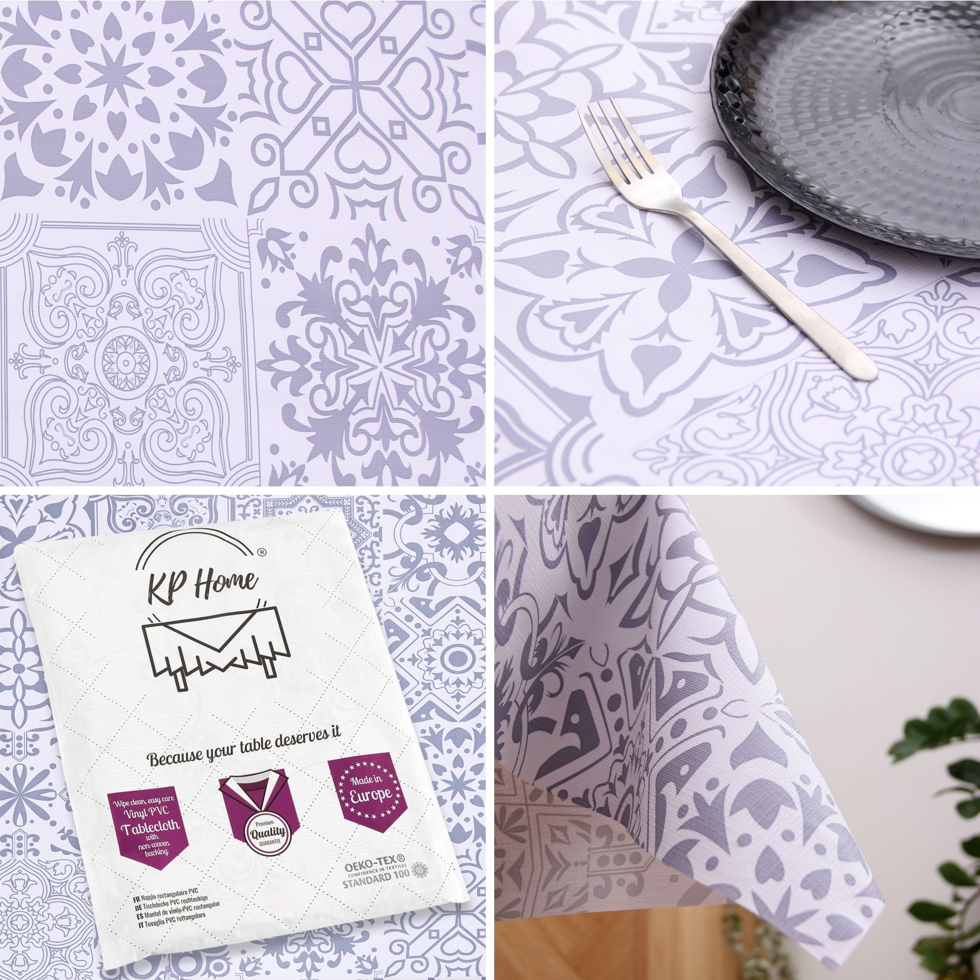 KP Home Grey Timeless Tile Charm Pattern PVC Tablecloth – 200x137cm & 137x137cm Wipe Clean Waterproof Oilcloth for Indoor & Outdoor Use