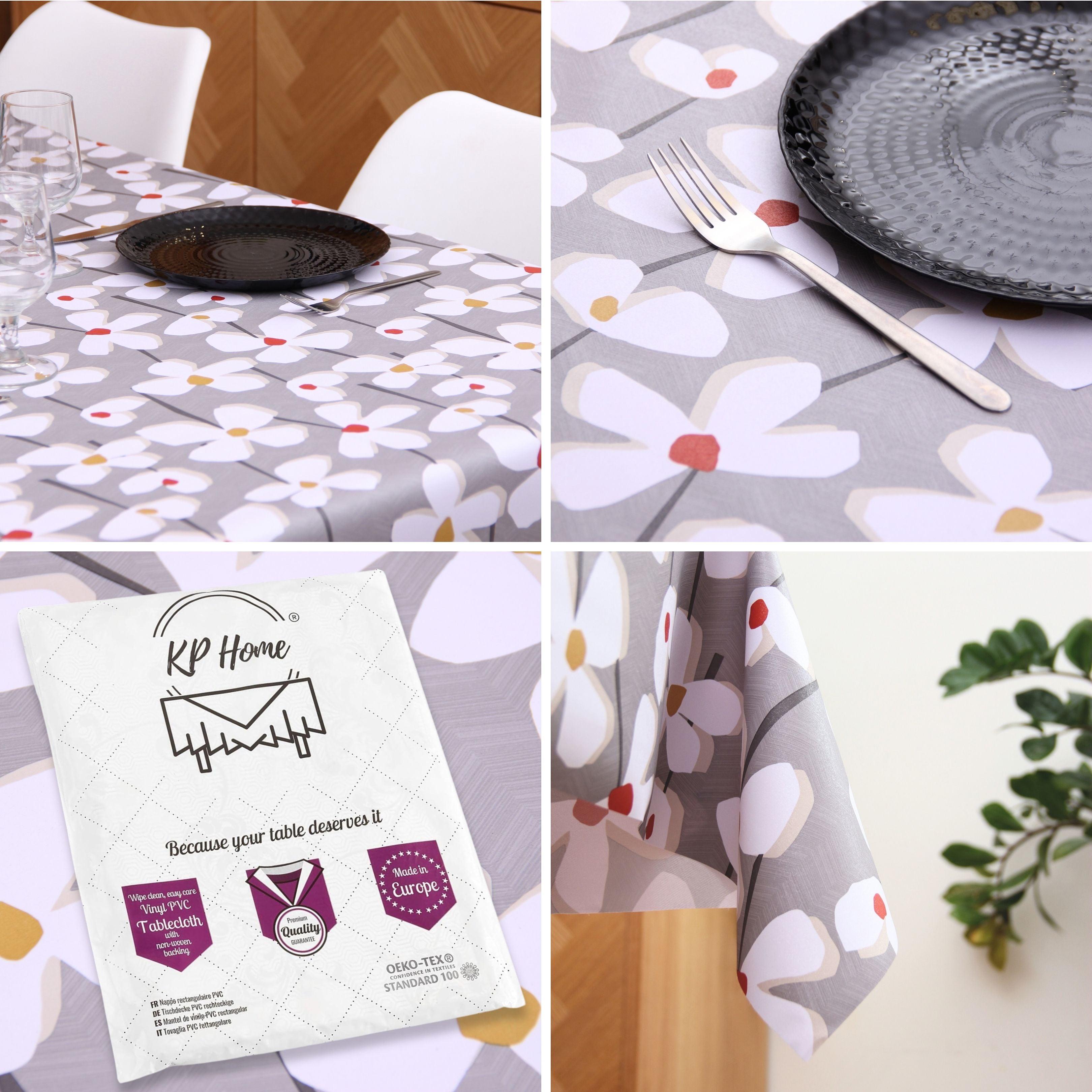 KP Home Vivid Petal Harmony Glitter Pattern  PVC Tablecloth – 200x137cm & 137x137cm Wipe Clean Waterproof Oilcloth for Indoor & Outdoor Use