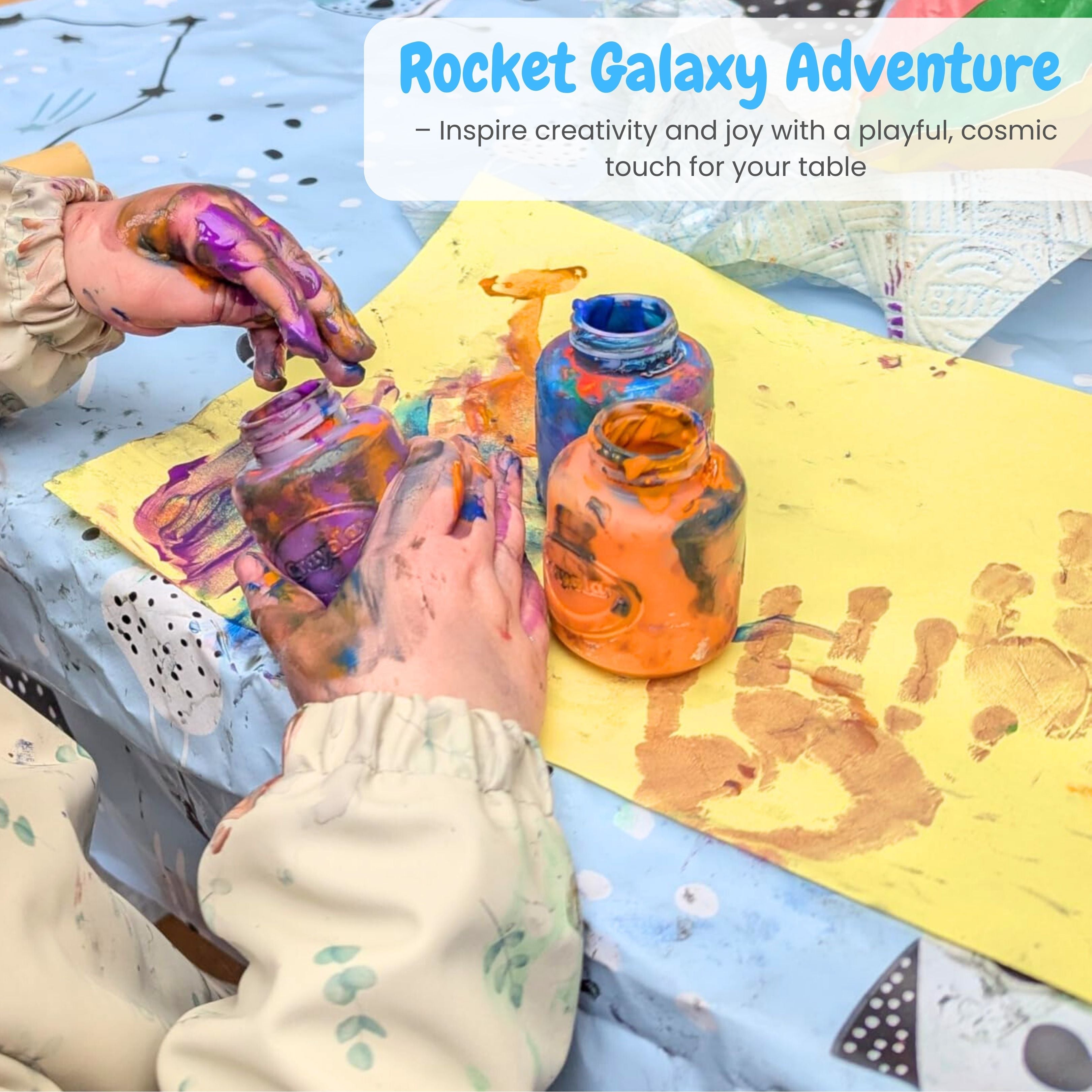 KP Home Blue Rocket Galaxy Adventure Pattern  PVC Tablecloth – 200x137cm & 137x137cm Wipe Clean Waterproof Oilcloth for Indoor & Outdoor Use