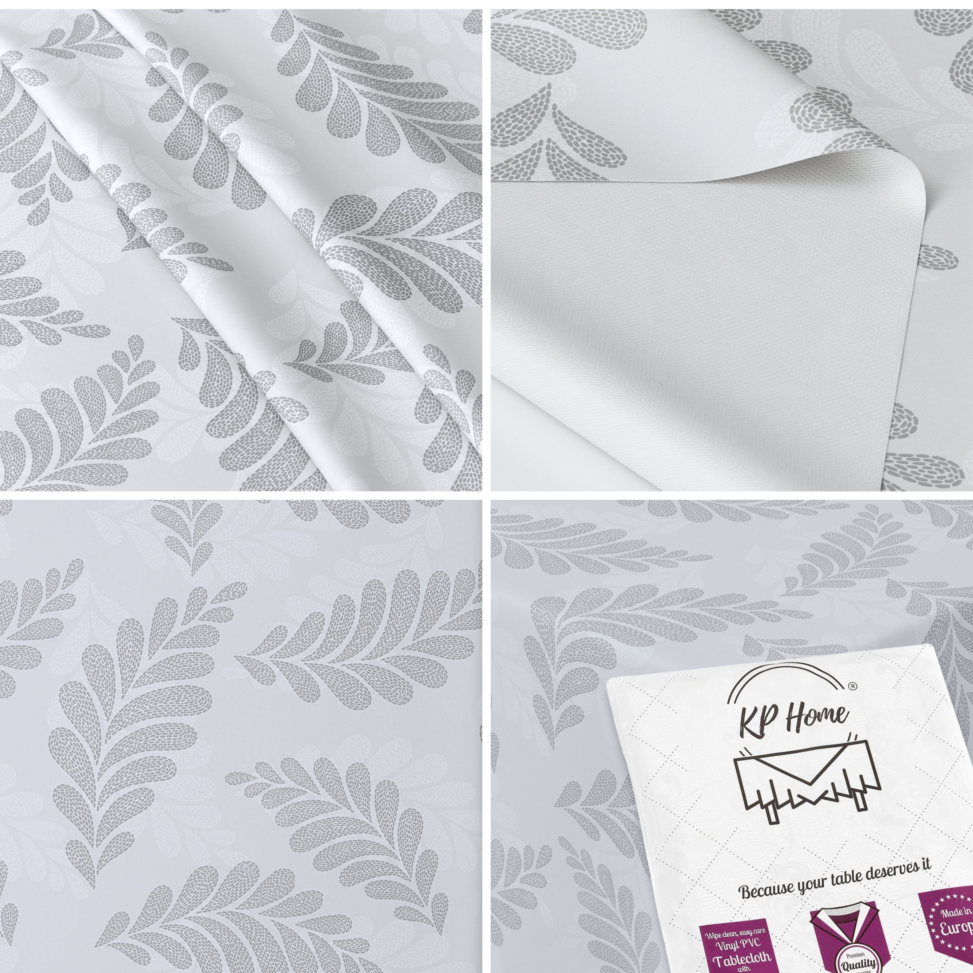 KP Home Soft Touch Ivory Wipe Clean Tablecloth with Taupe Grey Pebble Fern Design – Waterproof PVC Oilcloth with Linen Effect, Outdoor