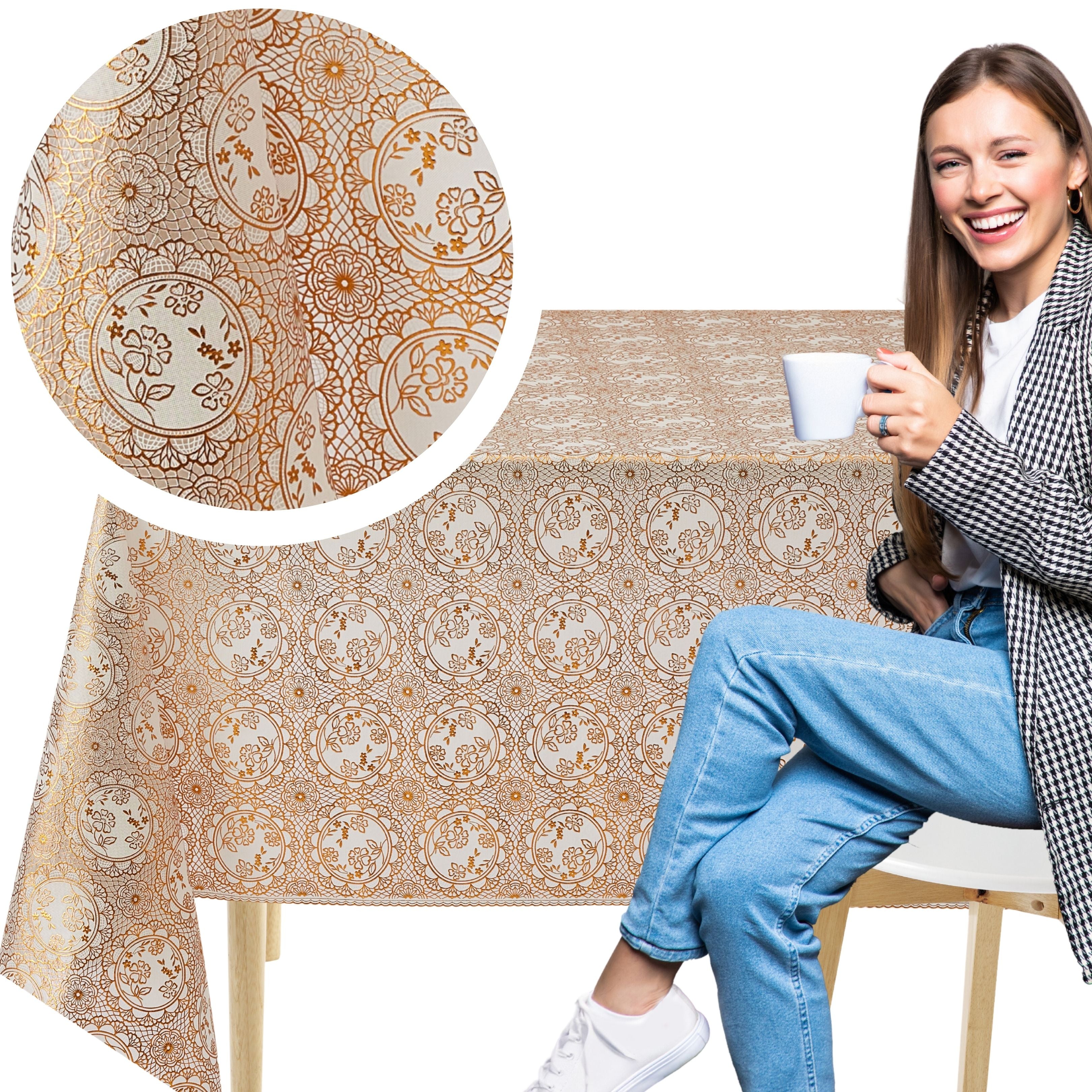 KP Home Golden Medallion Lace PVC Tablecloth – 200x137cm & 137x137cm Wipe Clean Waterproof Oilcloth for Indoor & Outdoor Use
