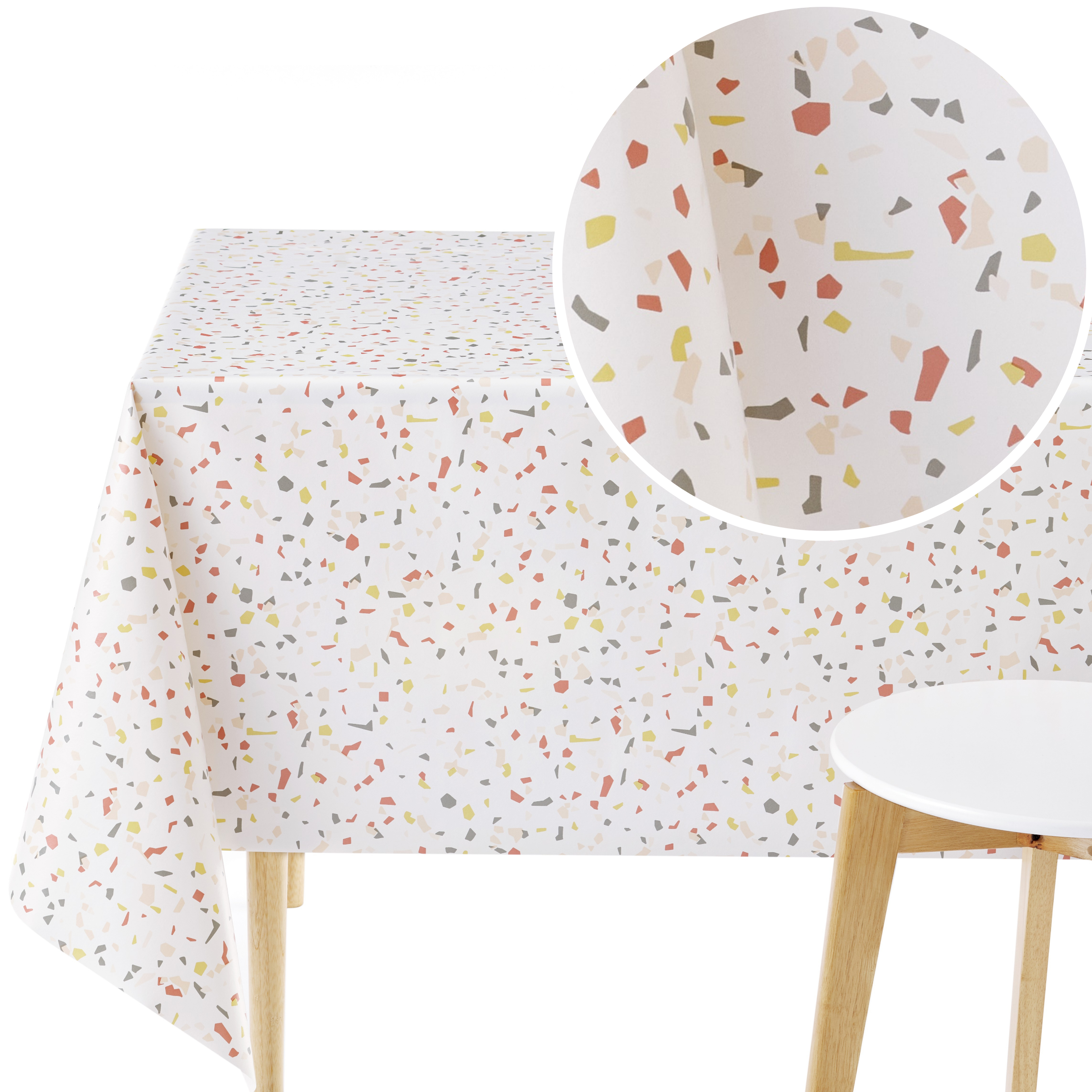 White Wipe Clean PVC Tablecloth with Trendy Terrazzo Pattern - Waterproof Vinyl Oilcloth for Rectangular Tables - Durable & Ideal for Indoor - Outdoor Use