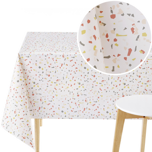 White Wipe Clean PVC Tablecloth with Trendy Terrazzo Pattern - Waterproof Vinyl Oilcloth for Rectangular Tables - Durable & Ideal for Indoor - Outdoor Use