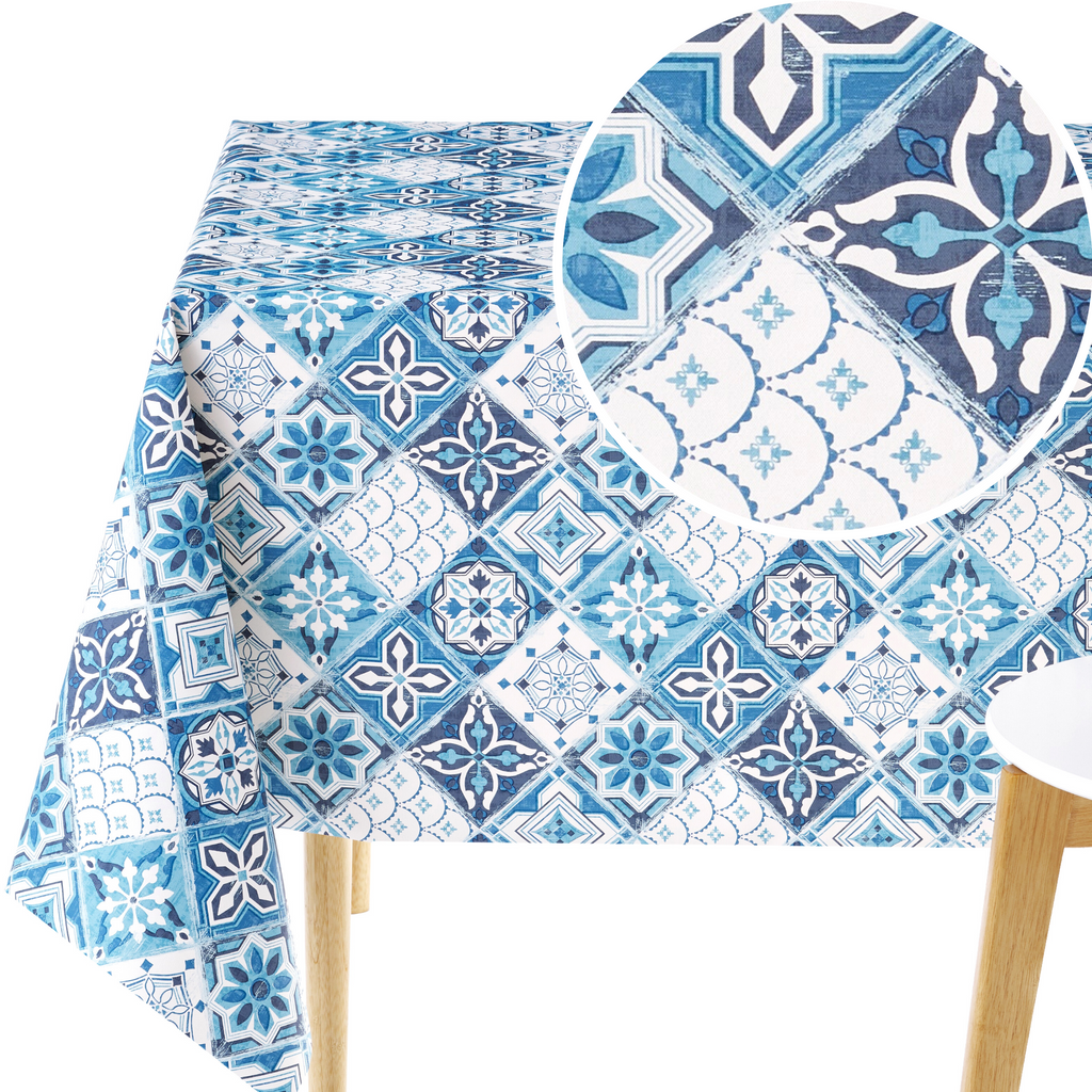KP HOME White PVC Table Cloth Wipe Clean Tablecloth Oilcloth in Navy Blue Porto Tiles Print - Rectangular Tablecloth in 6 Seats Table Cloth Wipeable Waterproof Vinyl in Lisbon Moroccan Mosaic