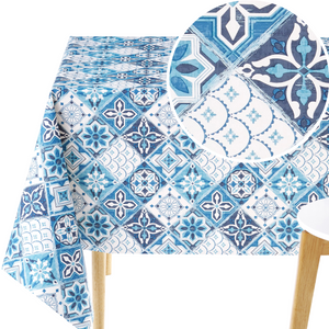 KP HOME White PVC Table Cloth Wipe Clean Tablecloth Oilcloth in Navy Blue Porto Tiles Print - Rectangular Tablecloth in 6 Seats Table Cloth Wipeable Waterproof Vinyl in Lisbon Moroccan Mosaic