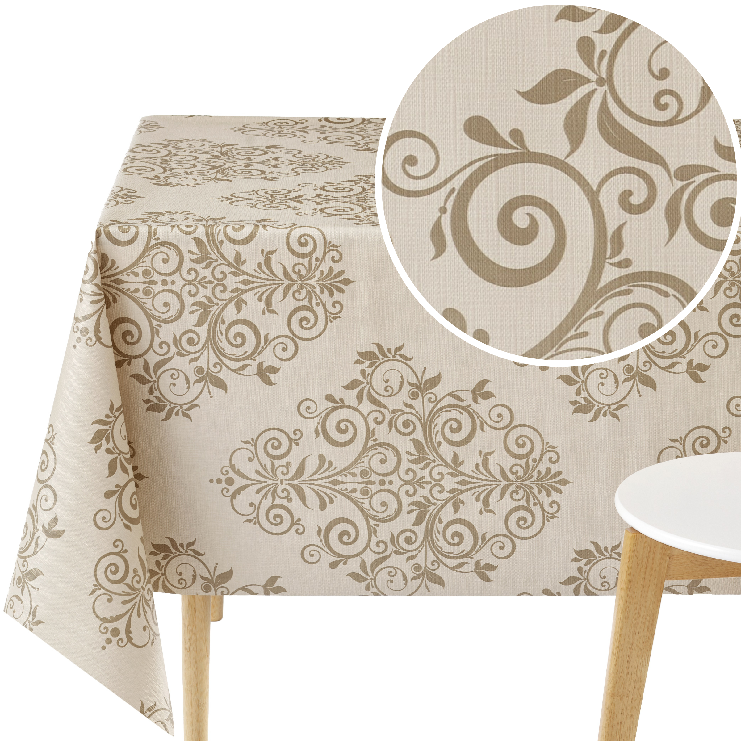 KP HOME Beige Floral Wipeable PVC Tablecloth – Damask Baroque Plastic Tablecloth - Vinyl Dinning or Kitchen Wipeable Table Cover in Cream Beige