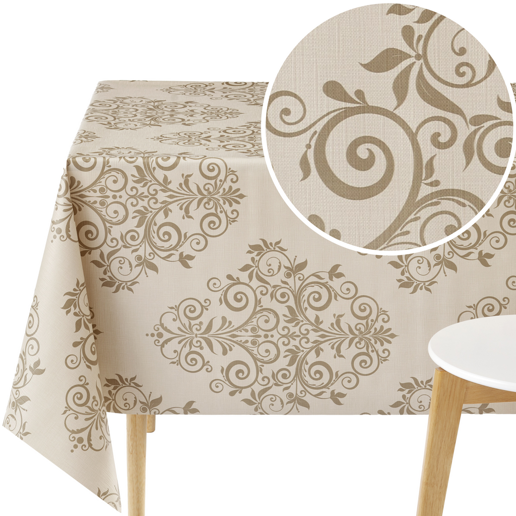 KP HOME Beige Floral Wipeable PVC Tablecloth – Damask Baroque Plastic Tablecloth - Vinyl Dinning or Kitchen Wipeable Table Cover in Cream Beige