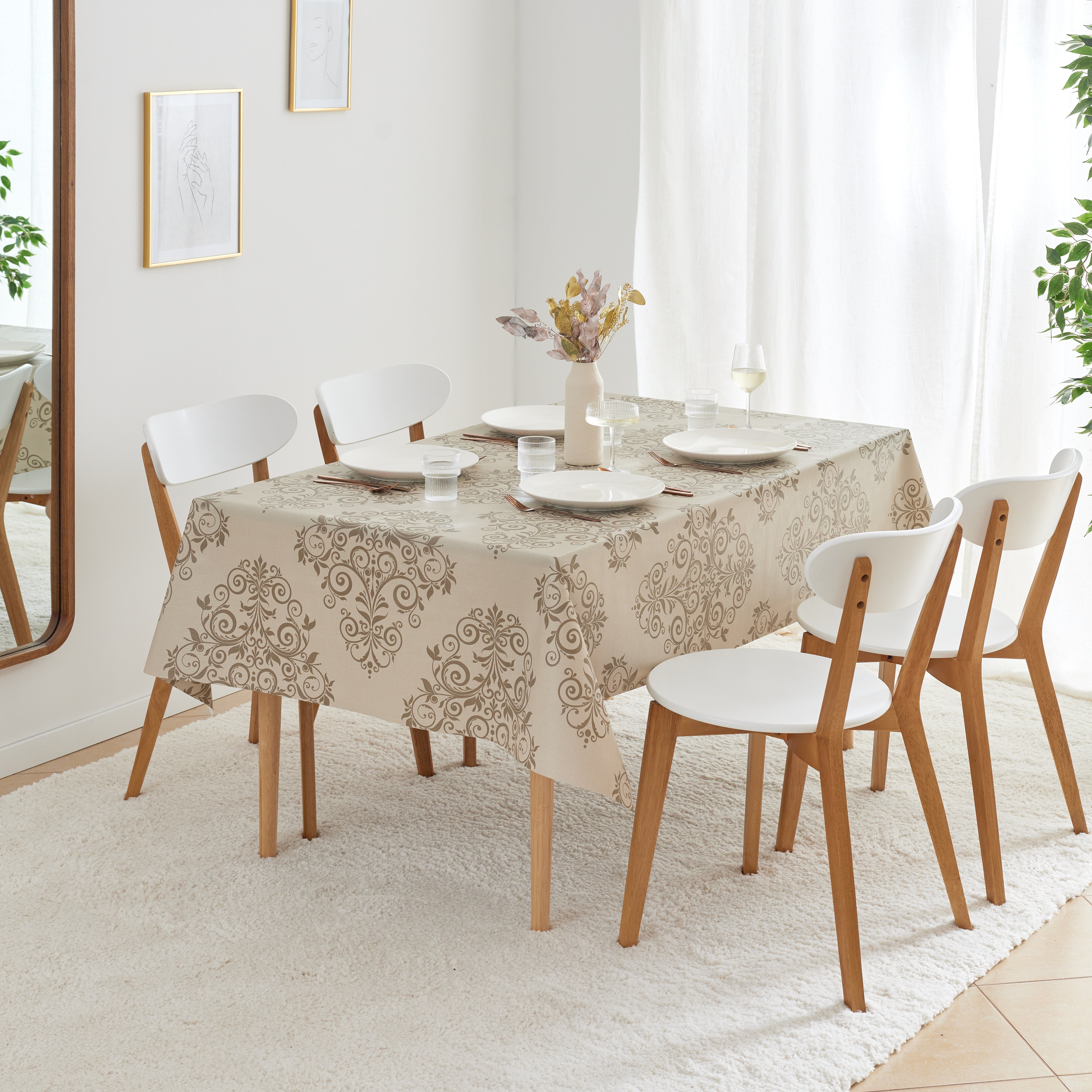 KP HOME Beige Floral Wipeable PVC Tablecloth – Damask Baroque Plastic Tablecloth - Vinyl Dinning or Kitchen Wipeable Table Cover in Cream Beige