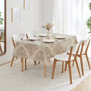 KP HOME Beige Floral Wipeable PVC Tablecloth – Damask Baroque Plastic Tablecloth - Vinyl Dinning or Kitchen Wipeable Table Cover in Cream Beige