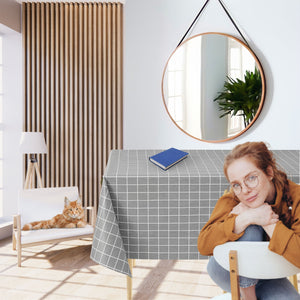 KP Home Modern Grey Grid PVC Tablecloth – 200x137cm & 137x137cm Wipe Clean Waterproof Oilcloth for Indoor & Outdoor Use