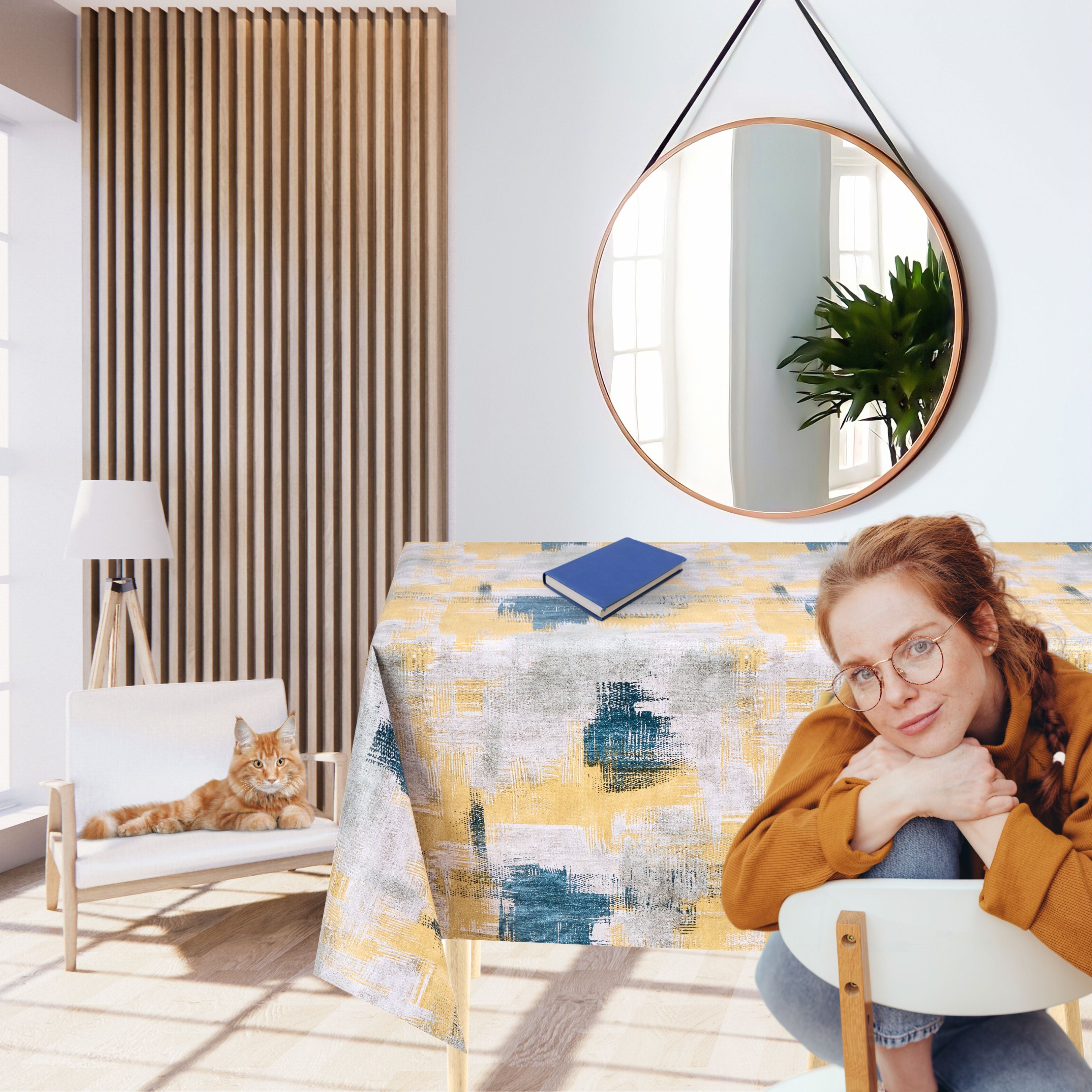 KP Home Yellow Abstract Brushstroke Charm Pattern  PVC Tablecloth – 200x137cm & 137x137cm Wipe Clean Waterproof Oilcloth for Indoor & Outdoor Use