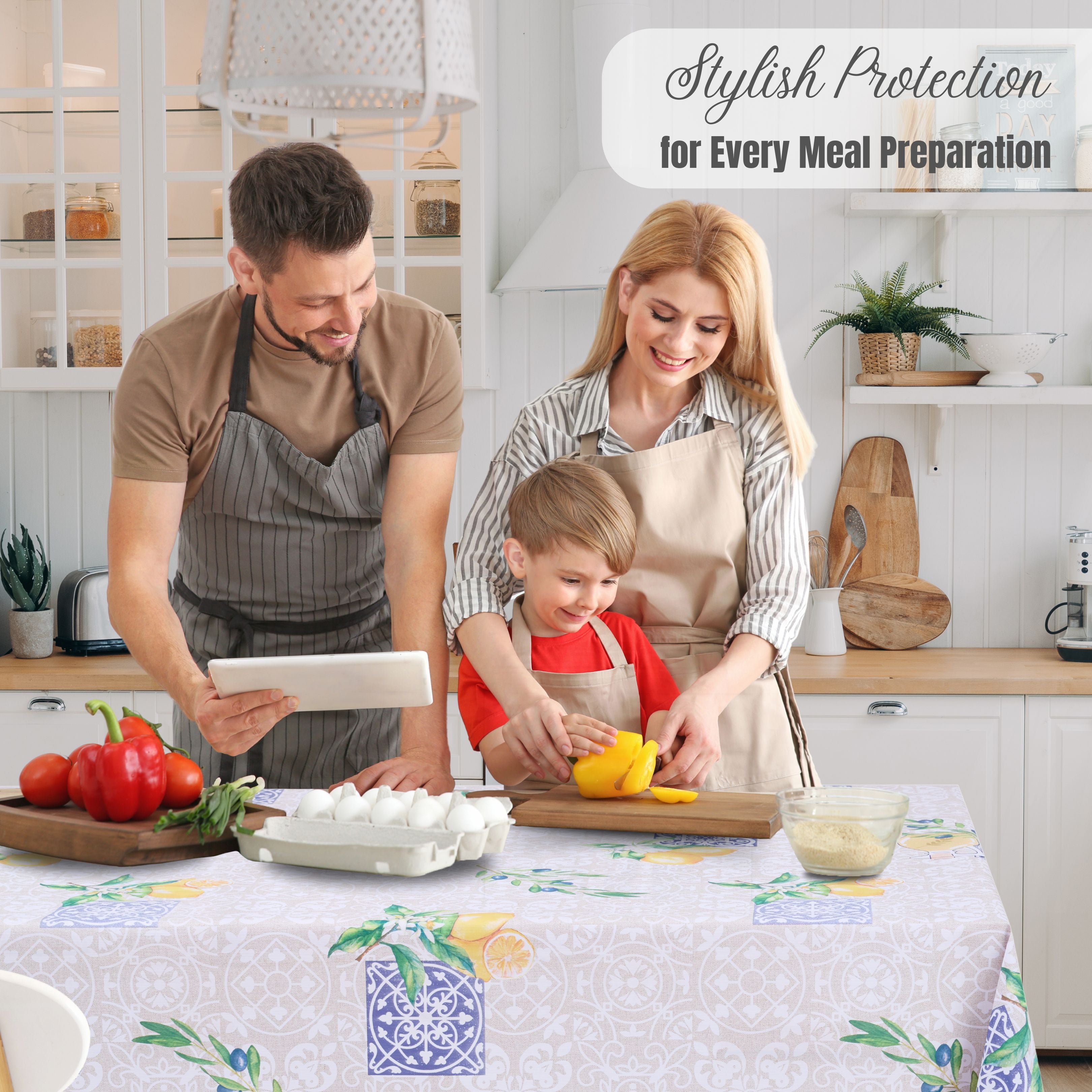 KP Home Beige Lemon Orchard Bliss Pattern  PVC Tablecloth – 200x137cm & 137x137cm Wipe Clean Waterproof Oilcloth for Indoor & Outdoor Use