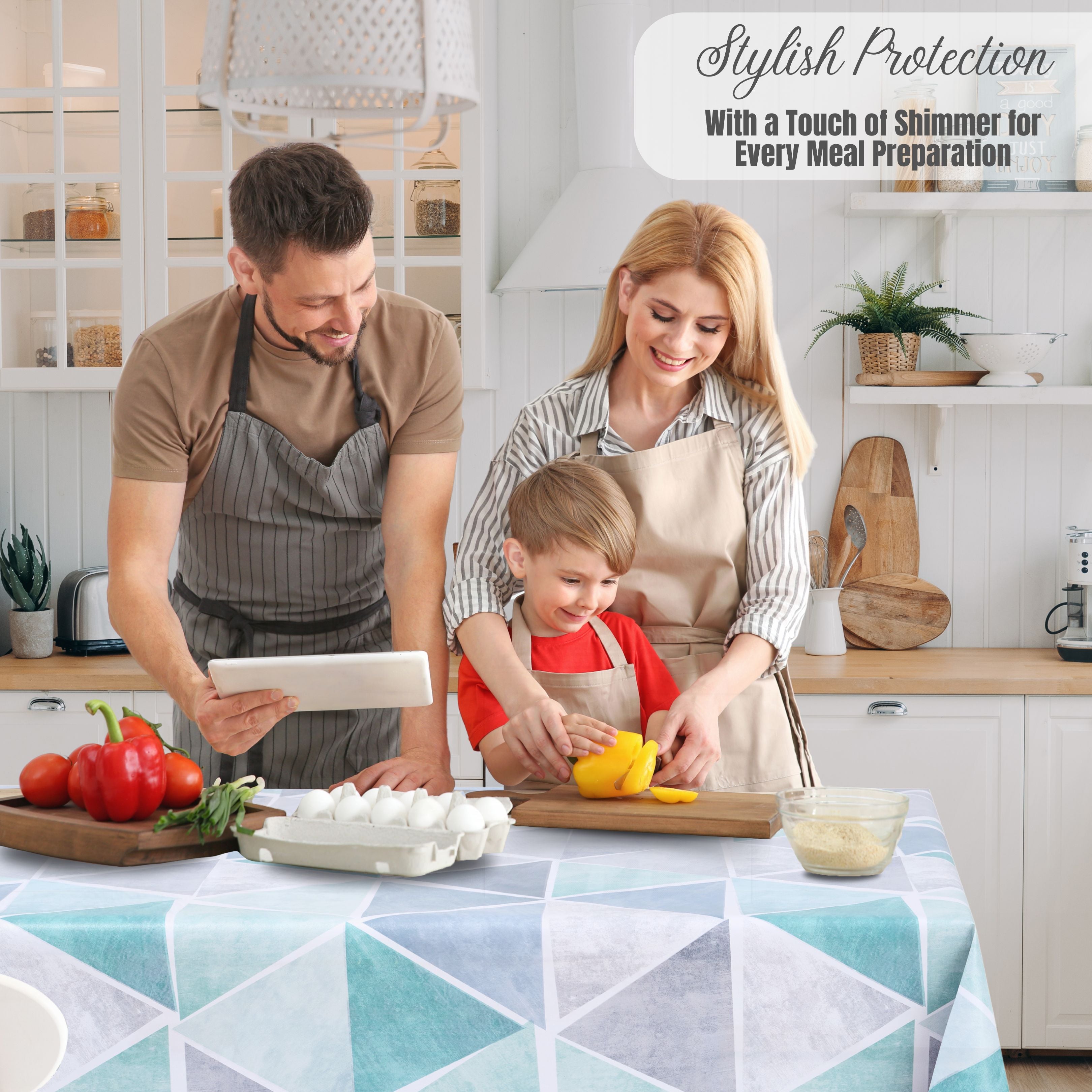 KP Home Triangular Luxe Charm Pattern  PVC Tablecloth – 200x137cm & 137x137cm Wipe Clean Waterproof Oilcloth for Indoor & Outdoor Use