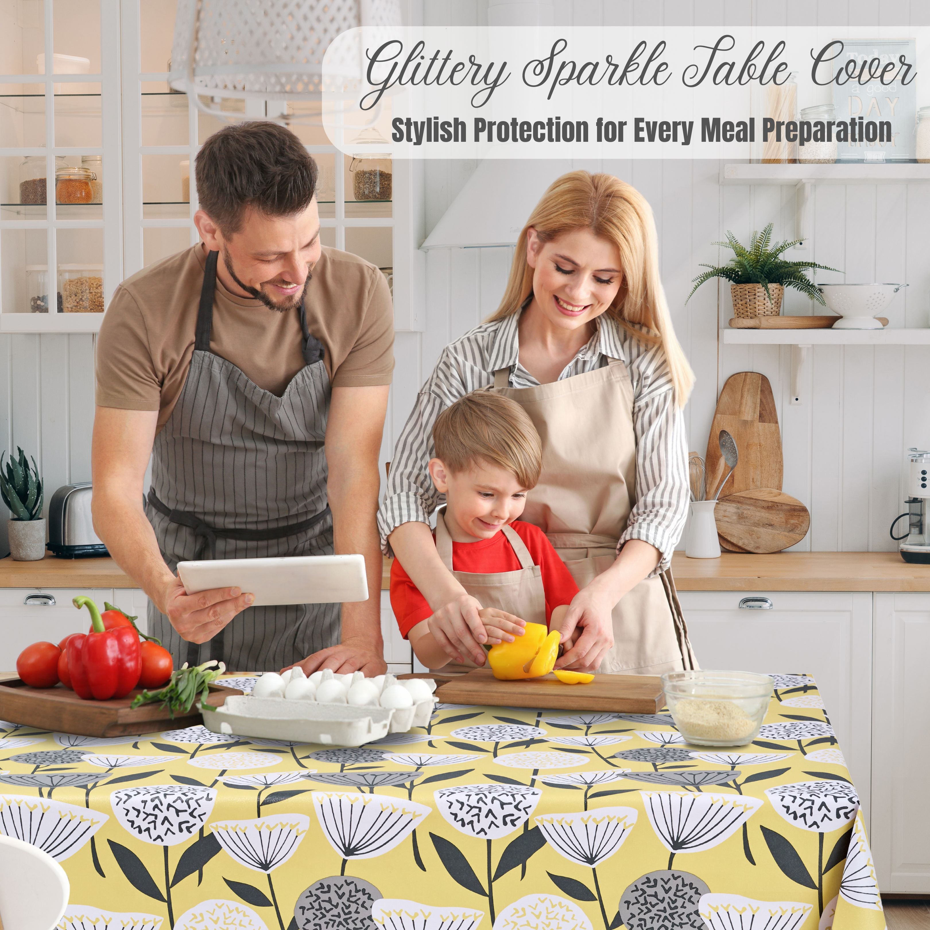 KP Home Yellow Sunlit Blossom Wipe Clean Tablecloth  PVC Tablecloth – 200x137cm & 137x137cm Wipe Clean Waterproof Oilcloth for Indoor & Outdoor Use