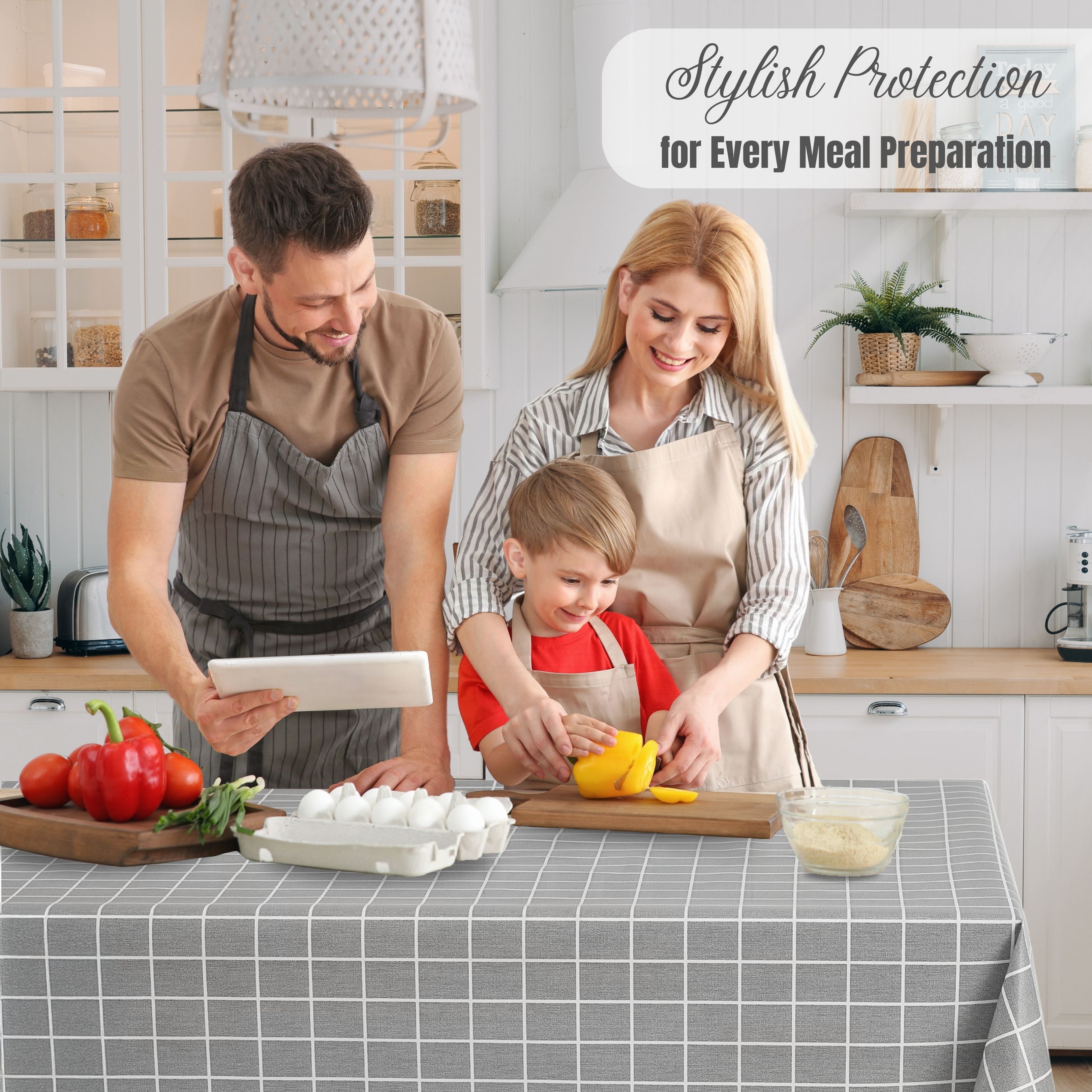 KP Home Modern Grey Grid PVC Tablecloth – 200x137cm & 137x137cm Wipe Clean Waterproof Oilcloth for Indoor & Outdoor Use