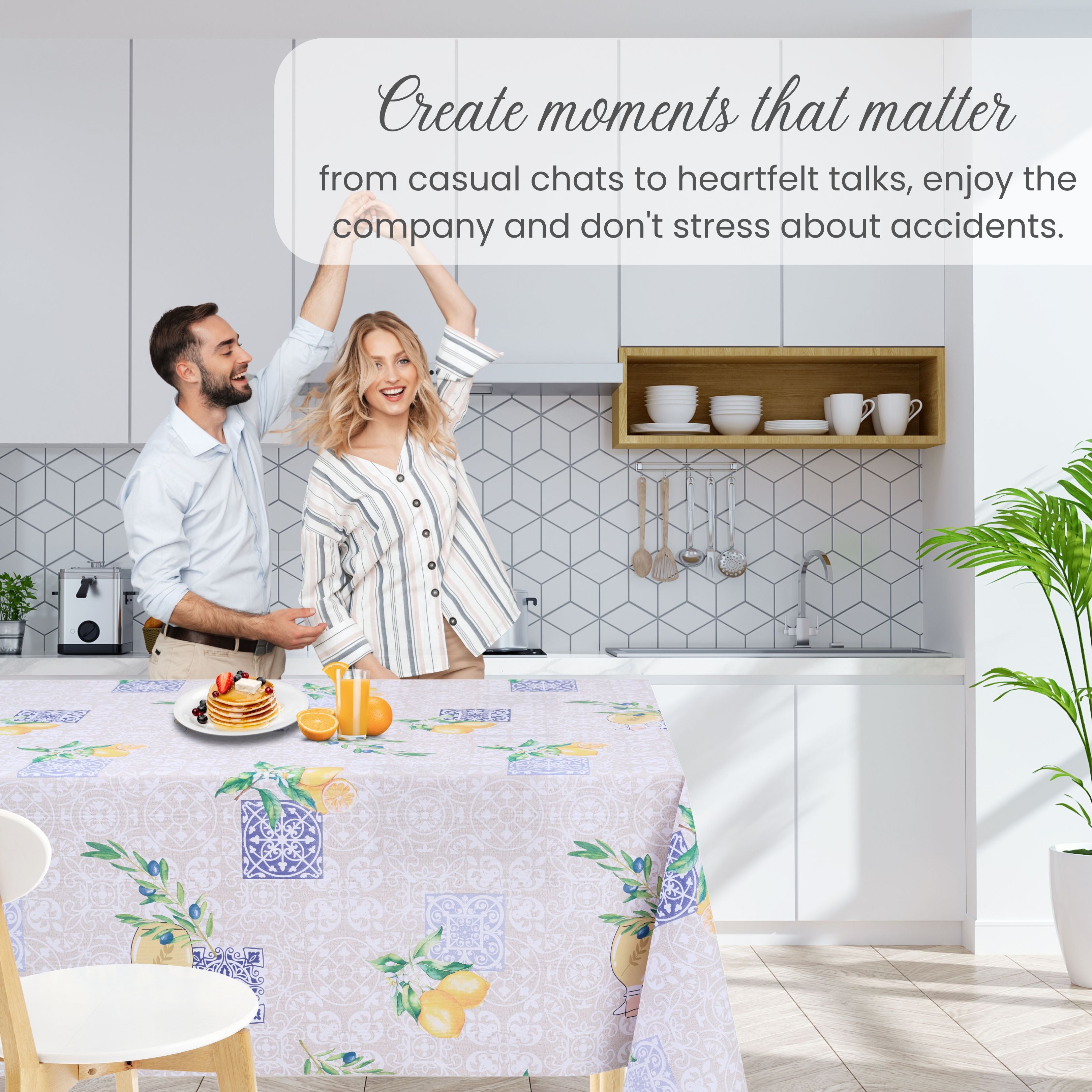 KP Home Beige Lemon Orchard Bliss Pattern  PVC Tablecloth – 200x137cm & 137x137cm Wipe Clean Waterproof Oilcloth for Indoor & Outdoor Use