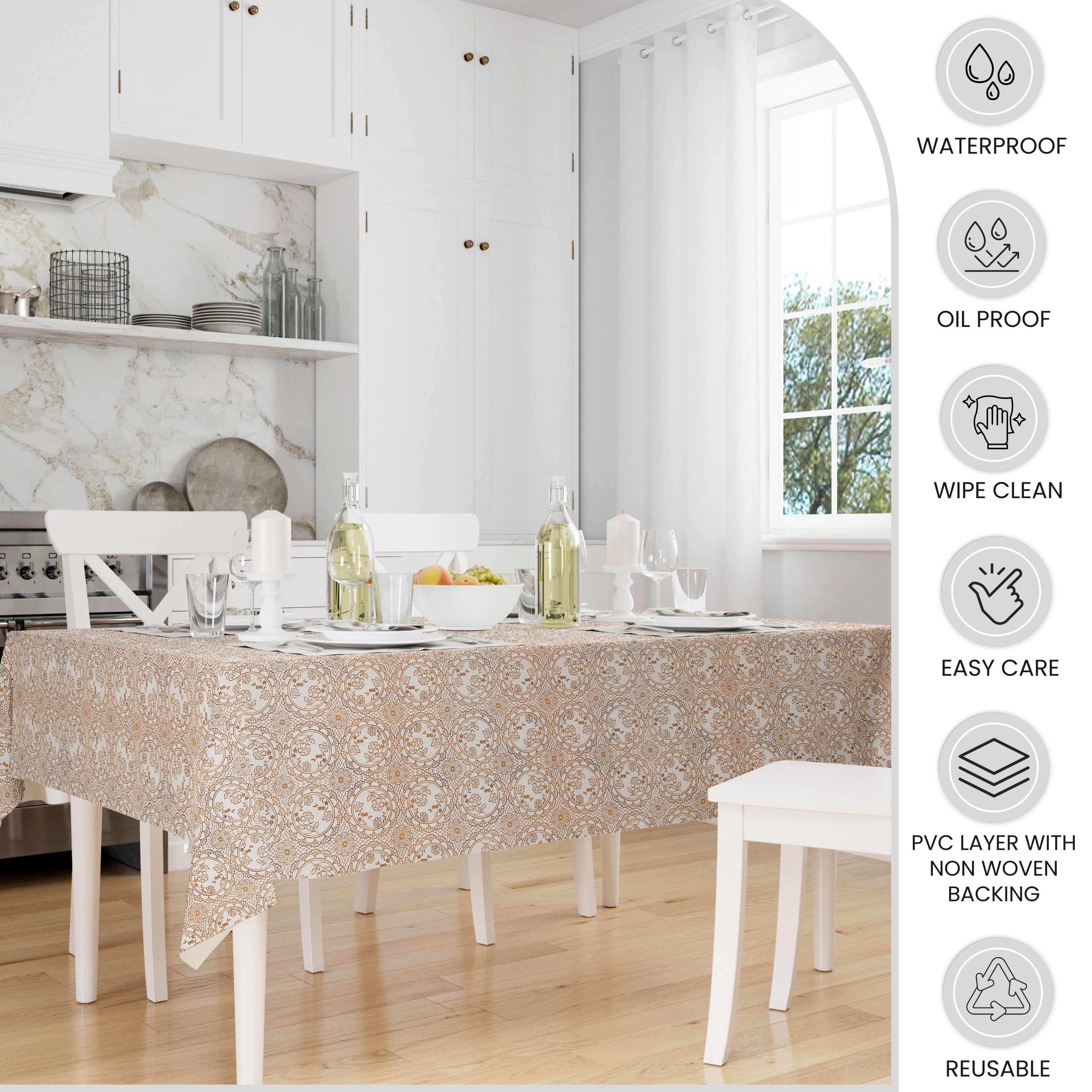 KP Home Golden Medallion Lace PVC Tablecloth – 200x137cm & 137x137cm Wipe Clean Waterproof Oilcloth for Indoor & Outdoor Use