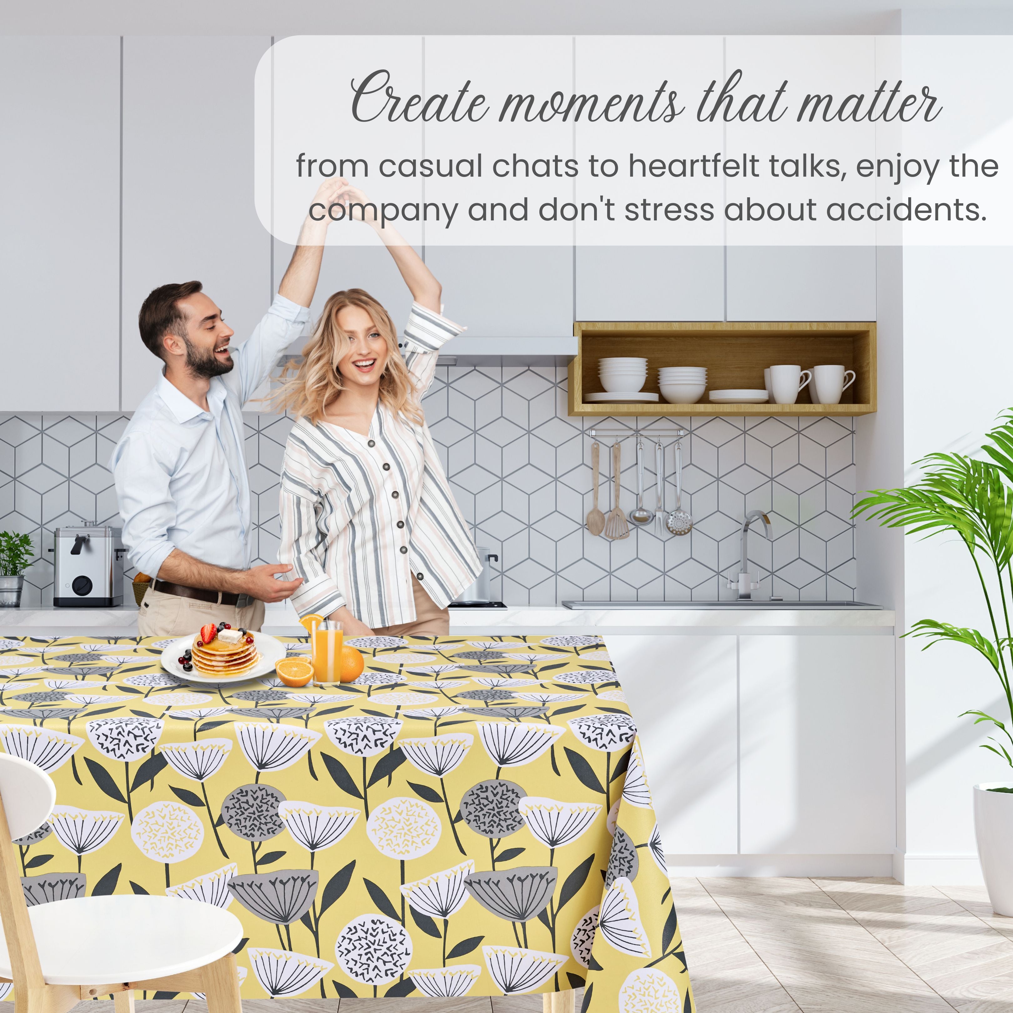 KP Home Yellow Sunlit Blossom Wipe Clean Tablecloth  PVC Tablecloth – 200x137cm & 137x137cm Wipe Clean Waterproof Oilcloth for Indoor & Outdoor Use