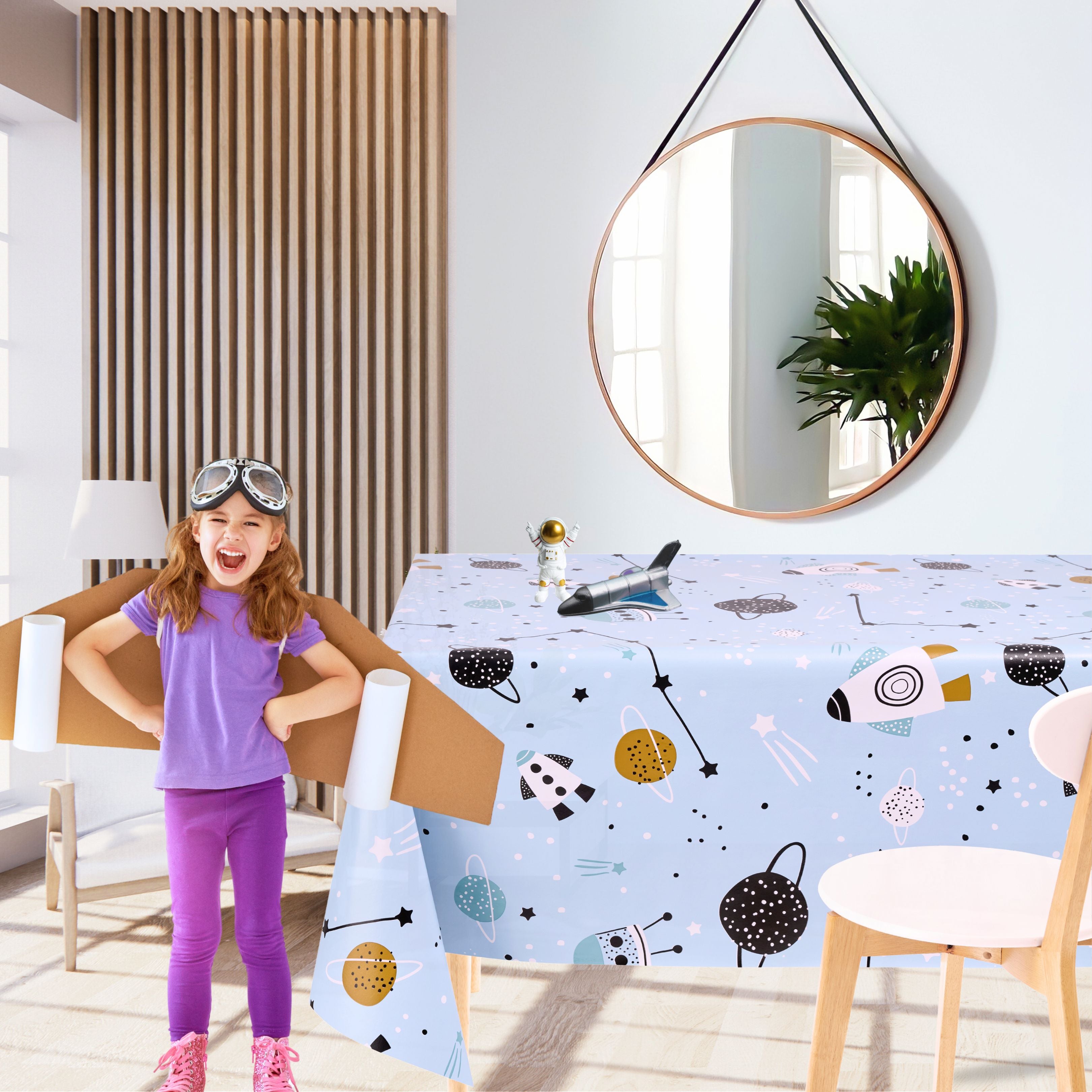 KP Home Blue Rocket Galaxy Adventure Pattern  PVC Tablecloth – 200x137cm & 137x137cm Wipe Clean Waterproof Oilcloth for Indoor & Outdoor Use
