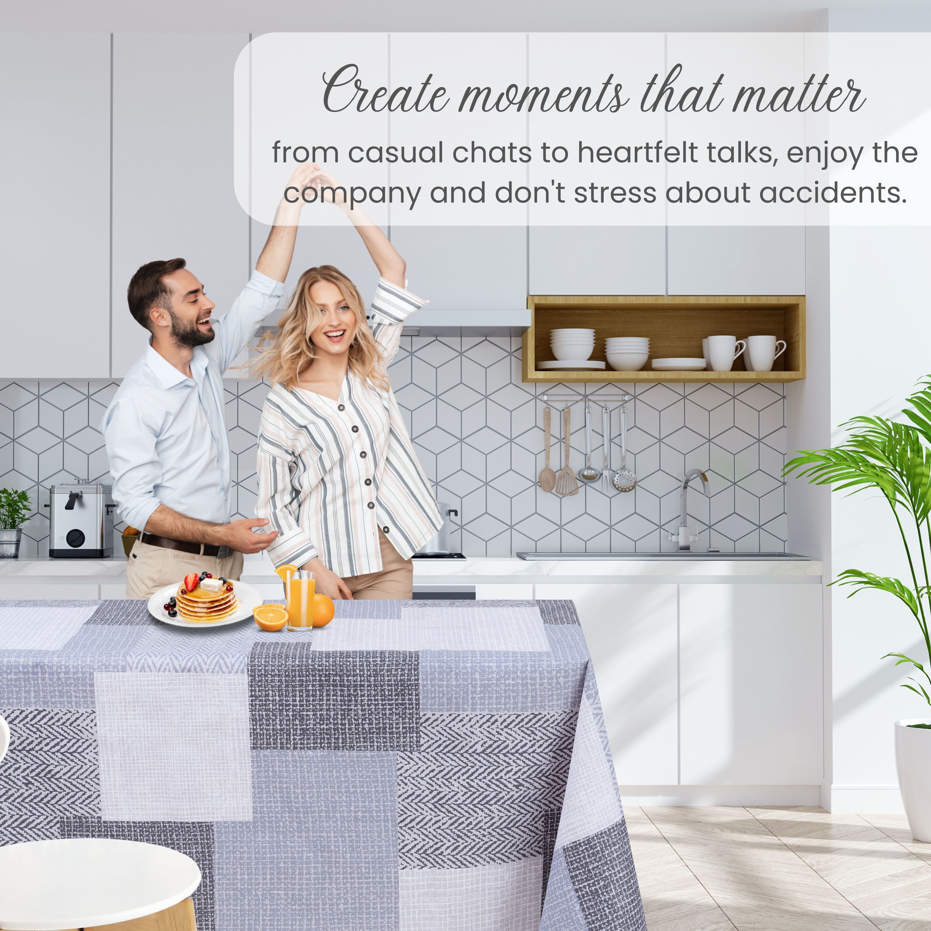 KP Home Grey Textured Patchwork Pattern  PVC Tablecloth – 200x137cm & 137x137cm Wipe Clean Waterproof Oilcloth for Indoor & Outdoor Use