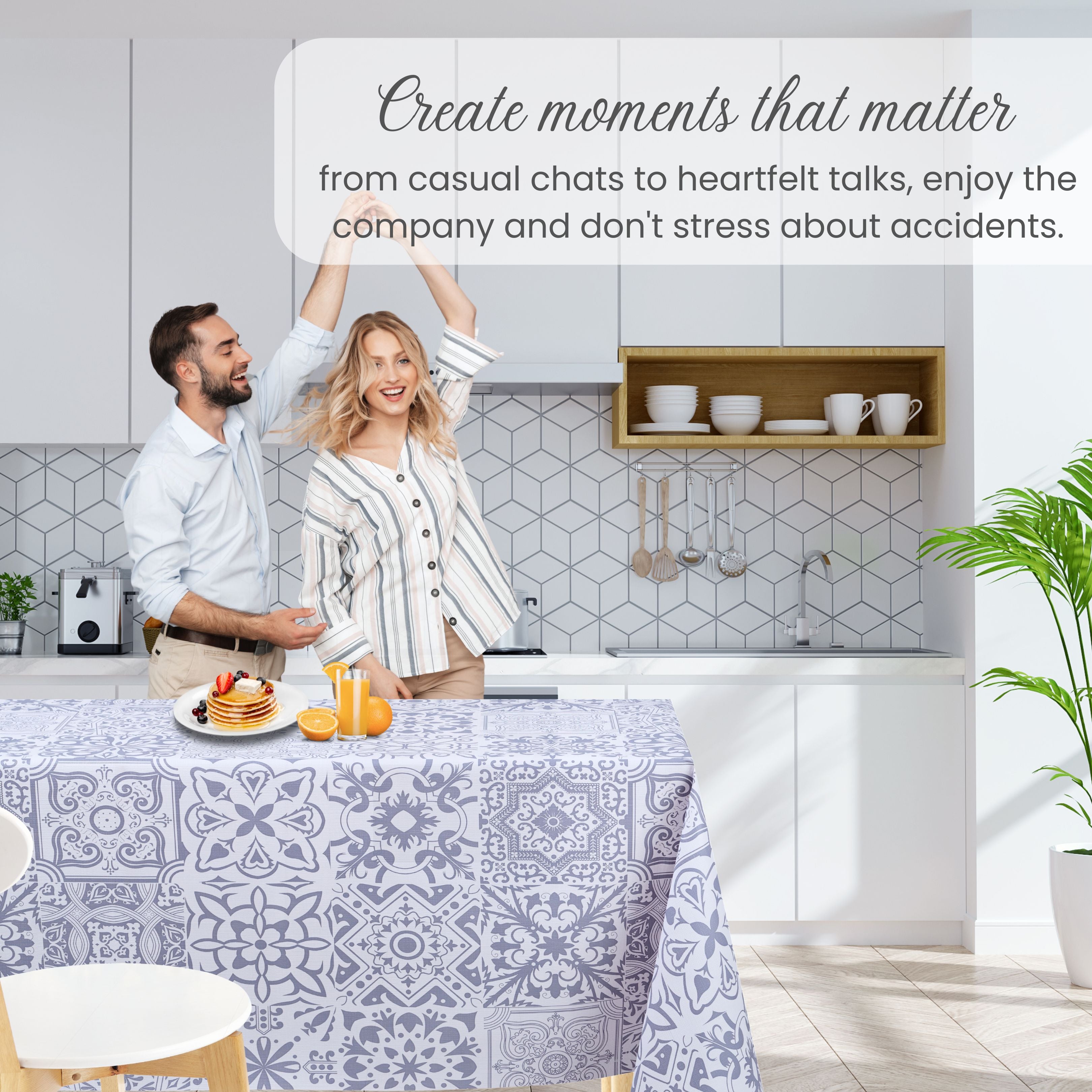 KP Home Grey Timeless Tile Charm Pattern PVC Tablecloth – 200x137cm & 137x137cm Wipe Clean Waterproof Oilcloth for Indoor & Outdoor Use