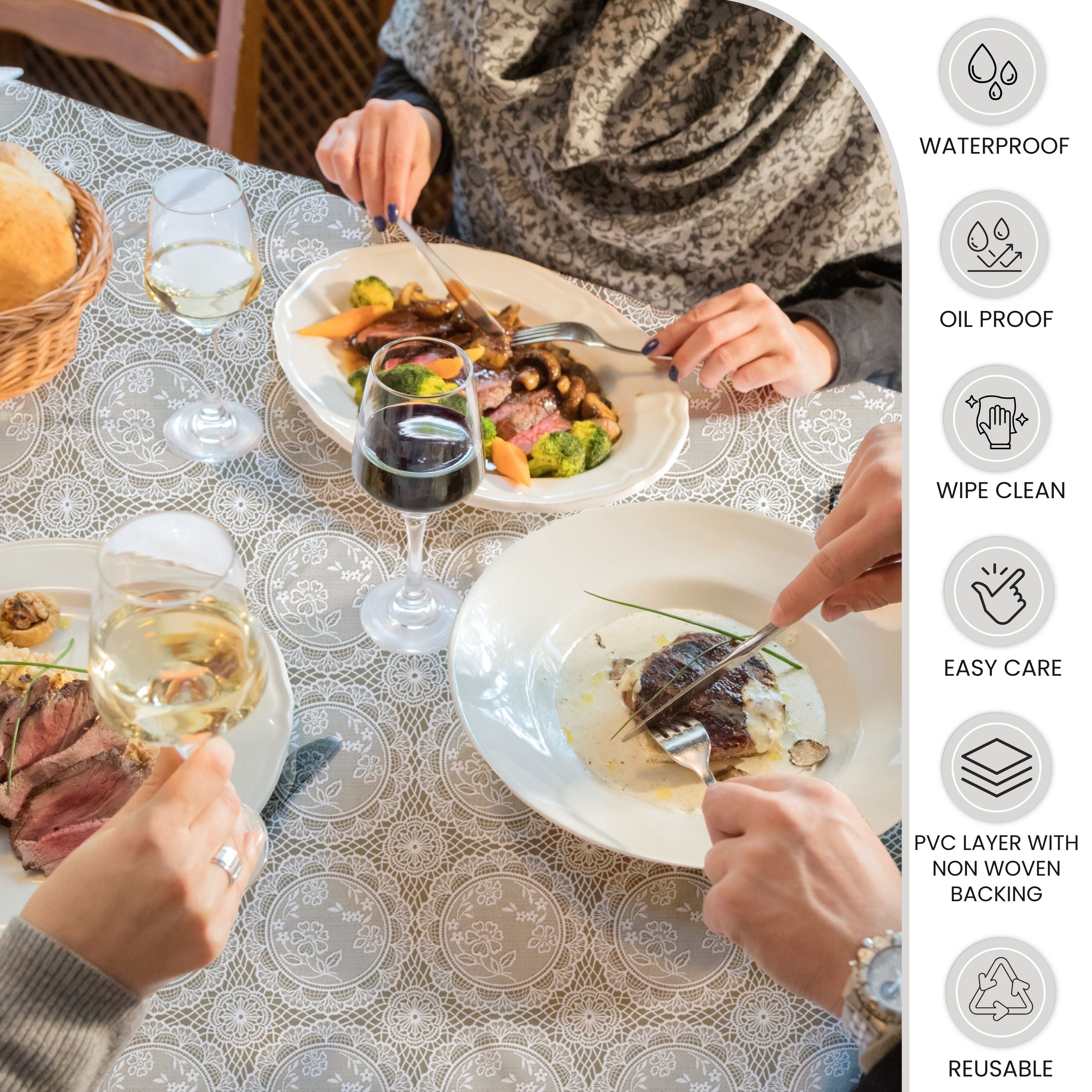 KP Home White Medallion Lace PVC Tablecloth – 200x137cm & 137x137cm Wipe Clean Waterproof Oilcloth for Indoor & Outdoor Use