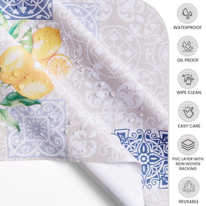 KP Home Beige Lemon Orchard Bliss Pattern  PVC Tablecloth – 200x137cm & 137x137cm Wipe Clean Waterproof Oilcloth for Indoor & Outdoor Use