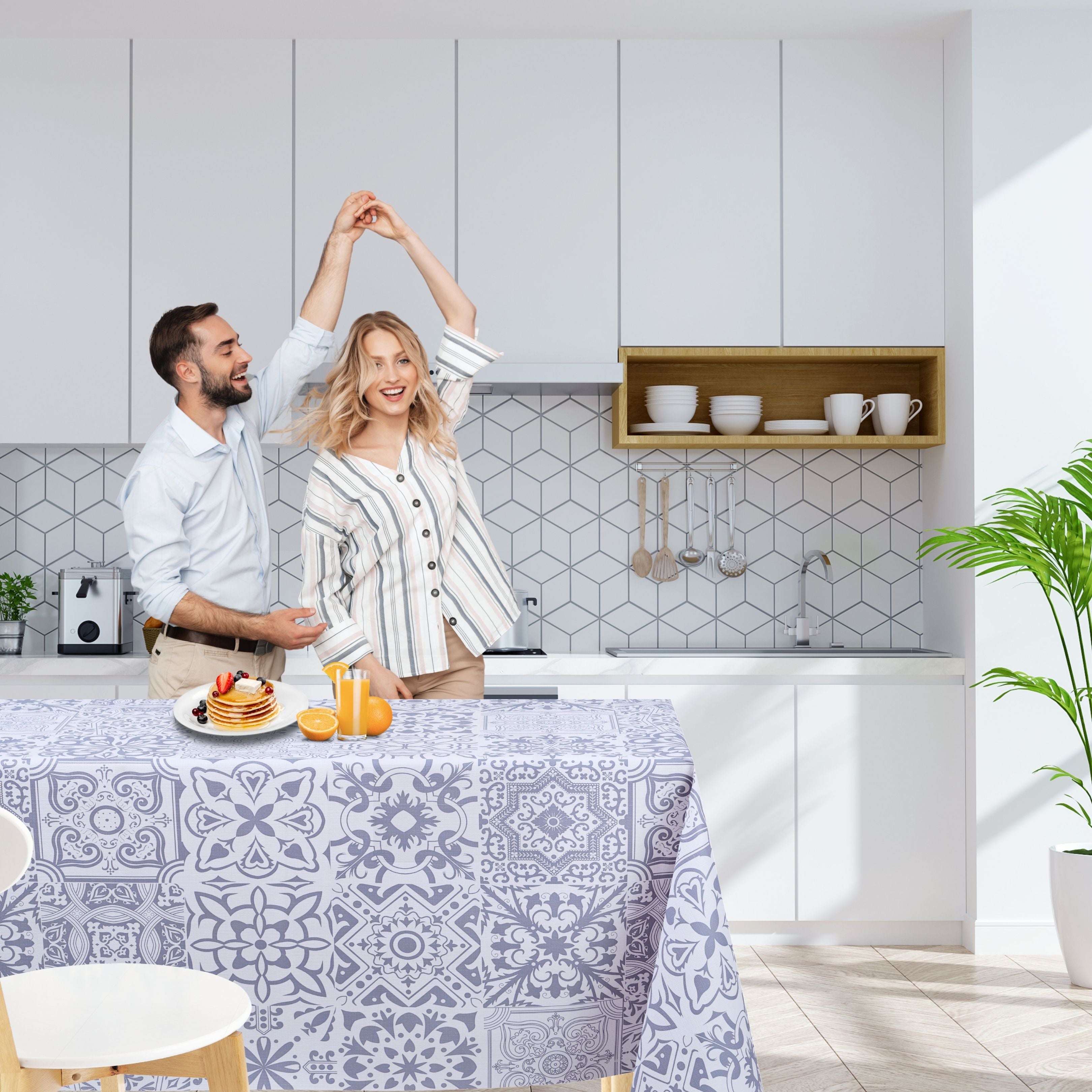KP Home Grey Timeless Tile Charm Pattern PVC Tablecloth – 200x137cm & 137x137cm Wipe Clean Waterproof Oilcloth for Indoor & Outdoor Use