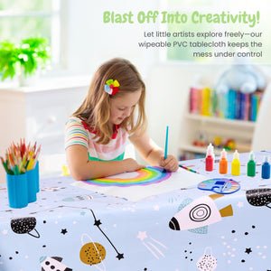KP Home Blue Rocket Galaxy Adventure Pattern  PVC Tablecloth – 200x137cm & 137x137cm Wipe Clean Waterproof Oilcloth for Indoor & Outdoor Use