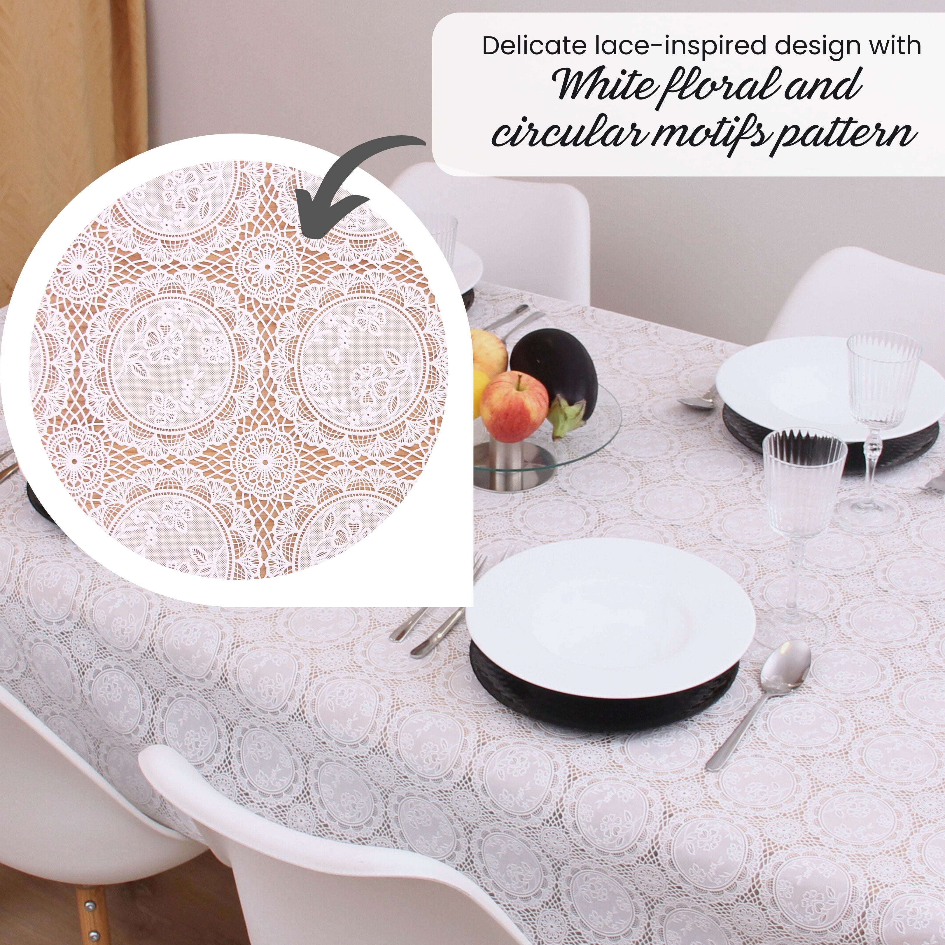 KP Home White Medallion Lace PVC Tablecloth – 200x137cm & 137x137cm Wipe Clean Waterproof Oilcloth for Indoor & Outdoor Use