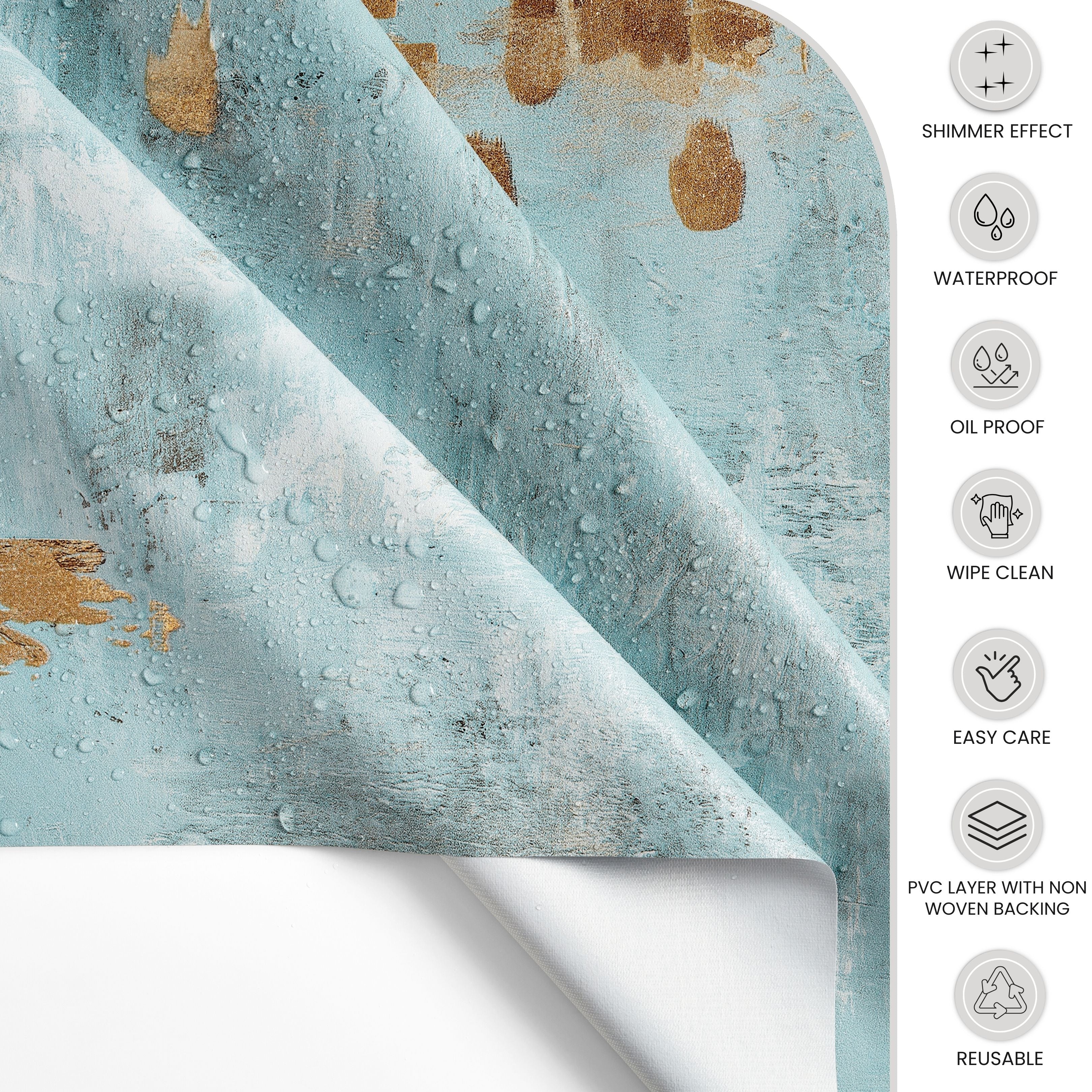 KP Home Horizon Glow Charm with Gold Shimmer PVC Tablecloth – 200x137cm & 137x137cm Wipe Clean Waterproof Oilcloth for Indoor & Outdoor Use