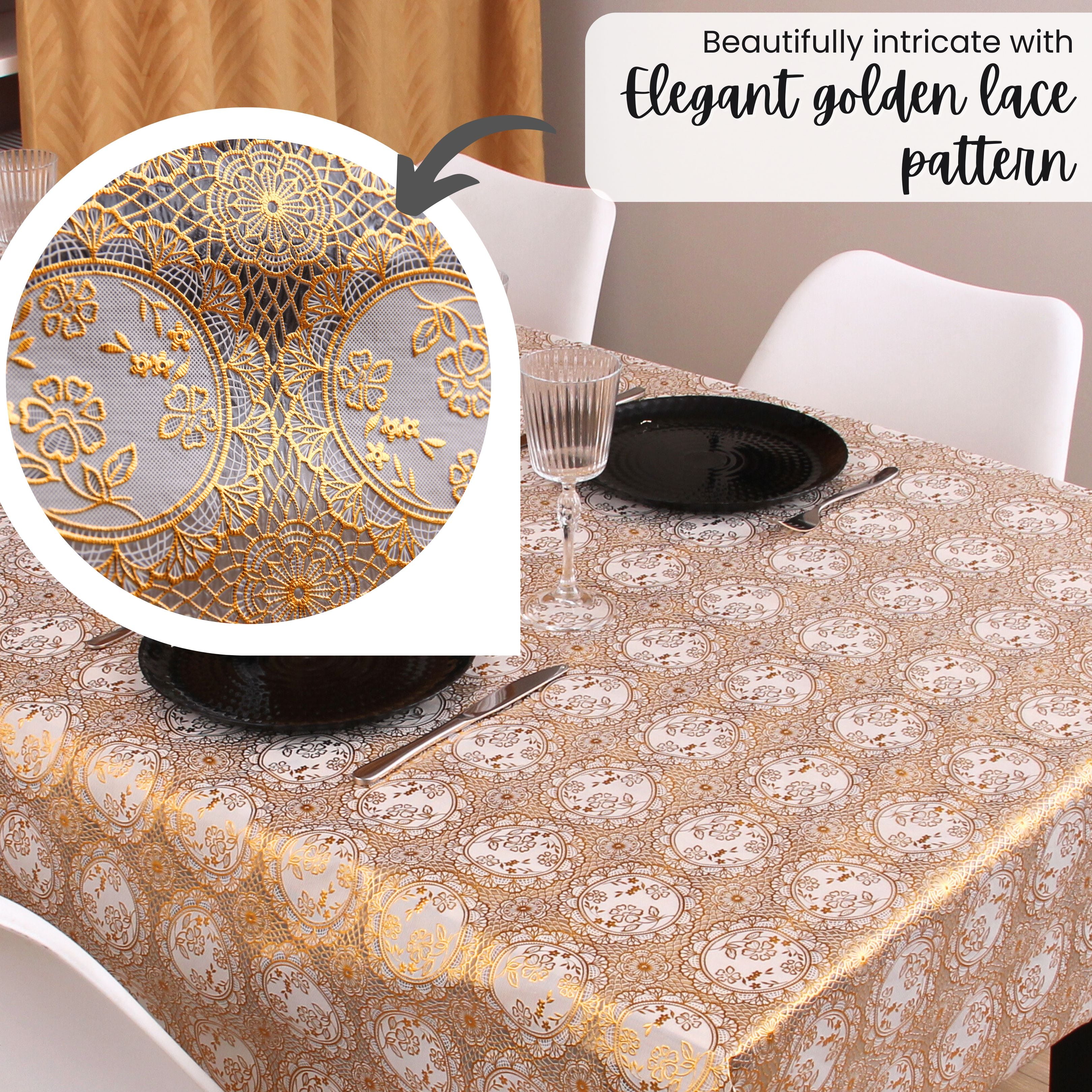 KP Home Golden Medallion Lace PVC Tablecloth – 200x137cm & 137x137cm Wipe Clean Waterproof Oilcloth for Indoor & Outdoor Use