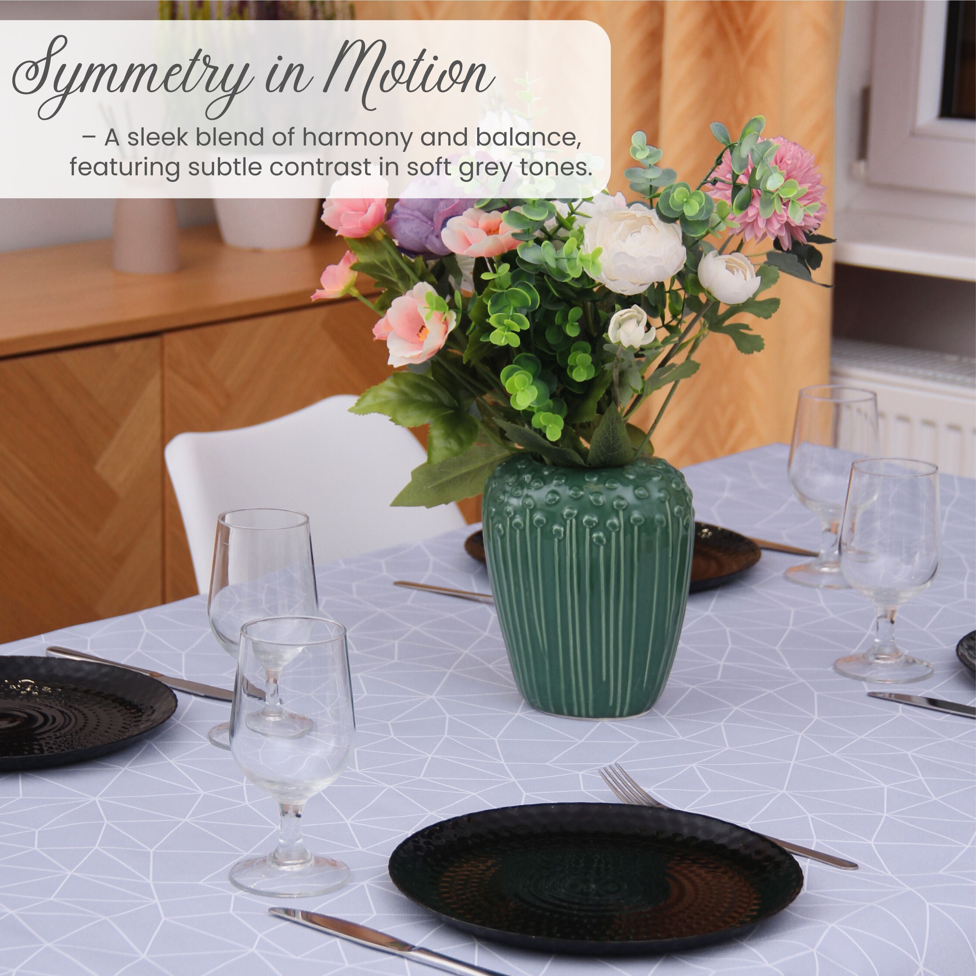 KP Home Grey Symmetry in Motion Pattern  PVC Tablecloth – 200x137cm & 137x137cm Wipe Clean Waterproof Oilcloth for Indoor & Outdoor Use