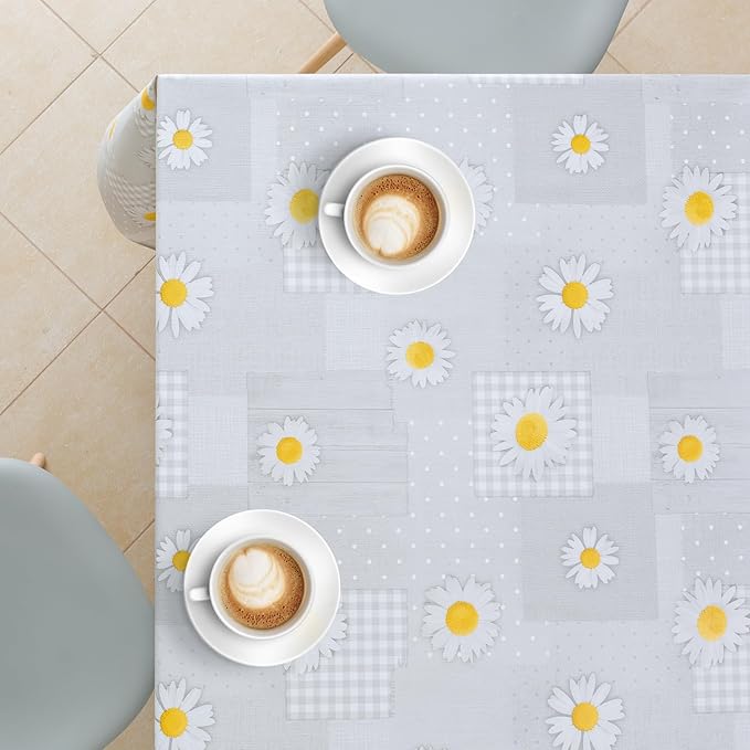 KP HOME Wipe Clean Tablecloth Rectangular Table- Wipeable Tablecloth up to 6 Seats Waterproof Plastic Cover Kitchen Vinyl Oilcloth Grey Daisy Chamomile Flower Patchwork Design
