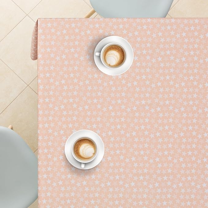 KP HOME Wipe Clean Tablecloth Rectangular - PVC Wipeable Pink Plastic Table Cloth for Outdoor - Waterproof Rectangle Kids Oilcloth 6 Seat Table Cover in Fun Stars Print