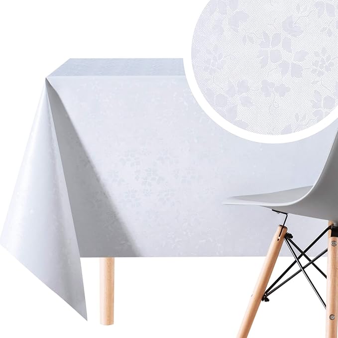 KP HOME Waterproof PVC Wipe Clean Tablecloth - Rectangular Oilcloth - Embossed Elegant Oil Cloth Table Cloth - Plastic Kitchen Wipeable Table Cover in Plain White