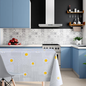 KP HOME Wipe Clean Tablecloth Rectangular Table- Wipeable Tablecloth up to 6 Seats Waterproof Plastic Cover Kitchen Vinyl Oilcloth Grey Daisy Chamomile Flower Patchwork Design