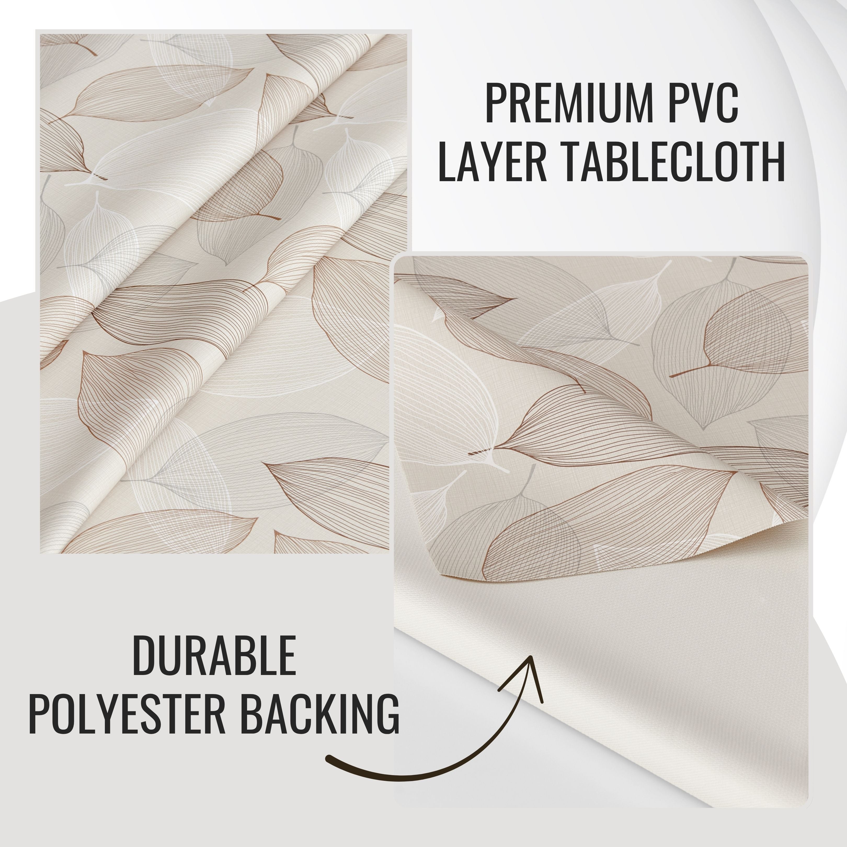 KP Home Beige Wipe Clean Tablecloth – Waterproof Plastic Table Cover with Linen Effect – Soft Touch PVC Outdoor Oilcloth with Whisper Leaves Design