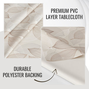 KP Home Beige Wipe Clean Tablecloth – Waterproof Plastic Table Cover with Linen Effect – Soft Touch PVC Outdoor Oilcloth with Whisper Leaves Design
