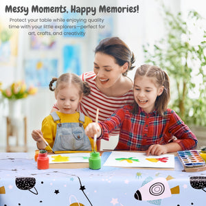 KP Home Blue Rocket Galaxy Adventure Pattern  PVC Tablecloth – 200x137cm & 137x137cm Wipe Clean Waterproof Oilcloth for Indoor & Outdoor Use