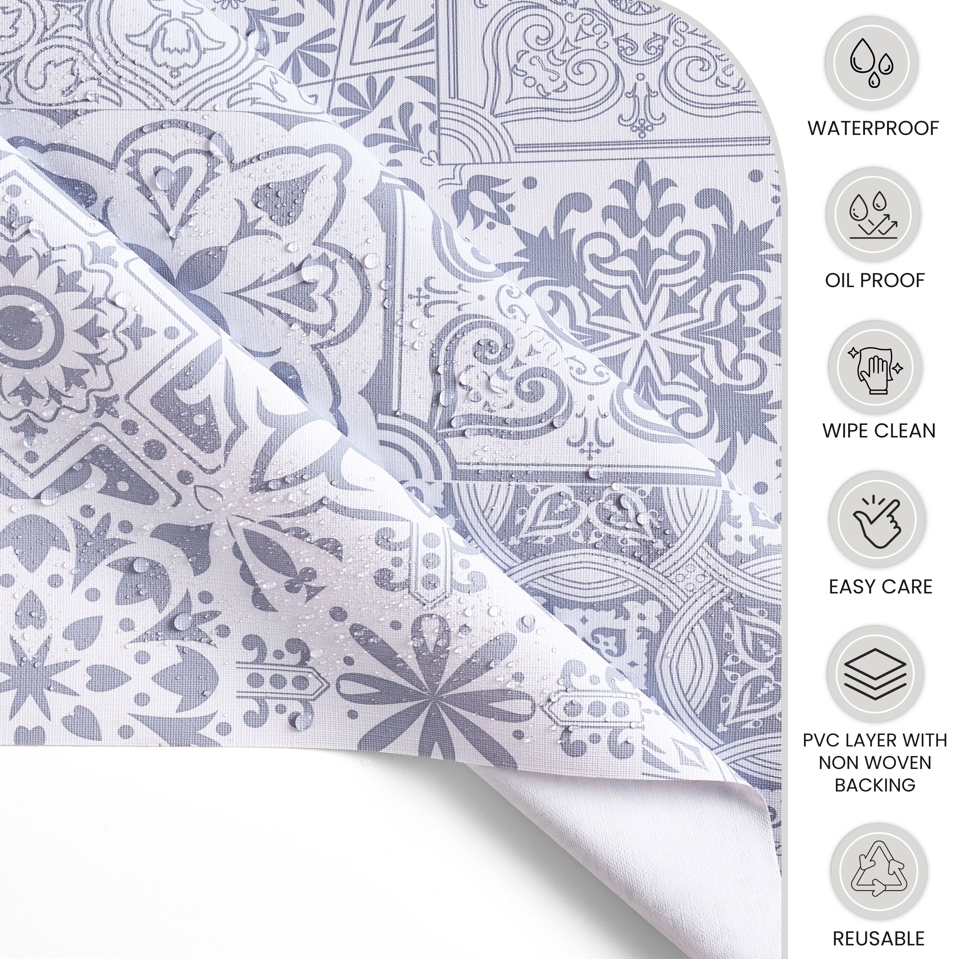 KP Home Grey Timeless Tile Charm Pattern PVC Tablecloth – 200x137cm & 137x137cm Wipe Clean Waterproof Oilcloth for Indoor & Outdoor Use