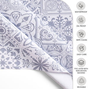 KP Home Grey Timeless Tile Charm Pattern PVC Tablecloth – 200x137cm & 137x137cm Wipe Clean Waterproof Oilcloth for Indoor & Outdoor Use
