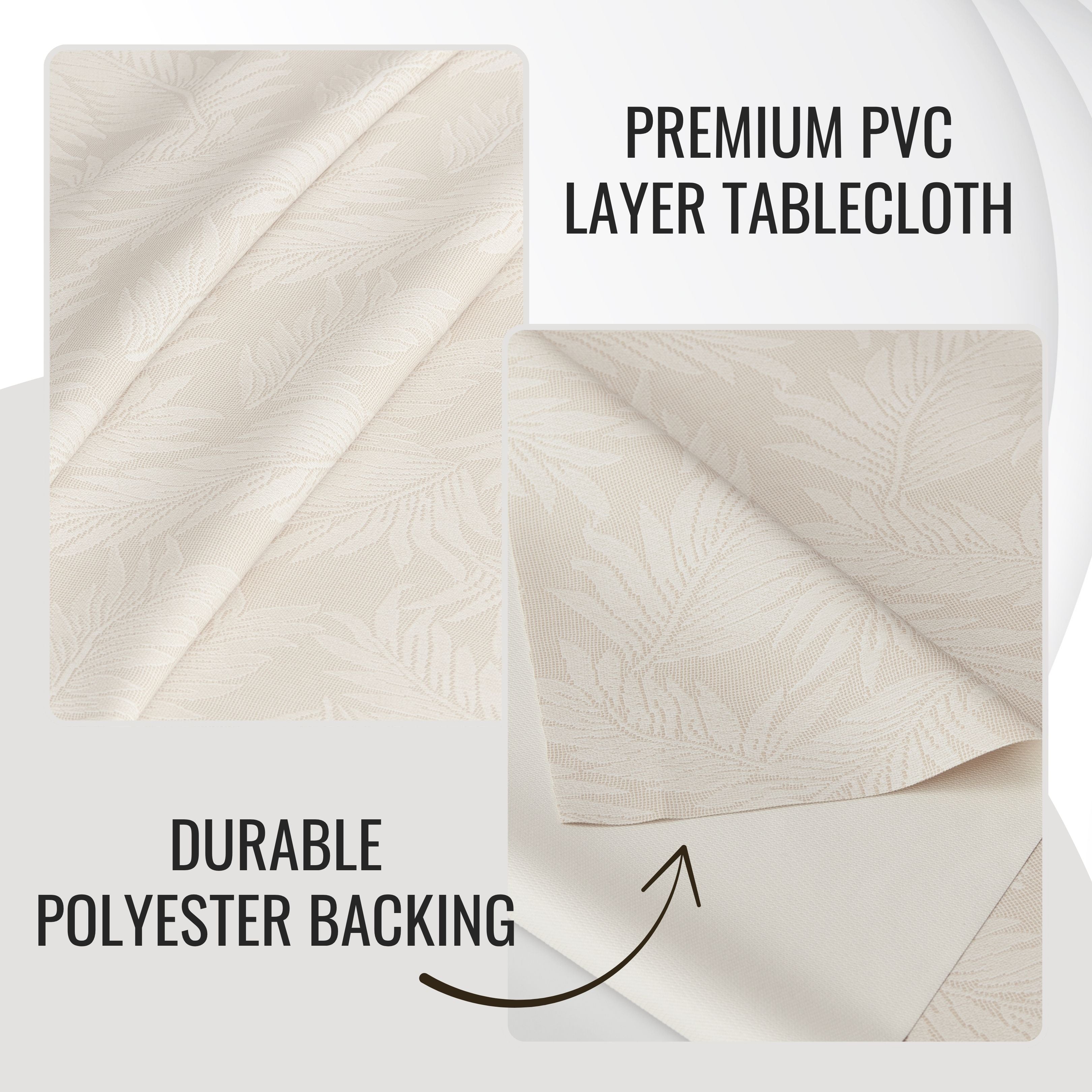 KP Home Ivory PVC Table Cloth Wipe Clean With White Fern Leaves - Wipeable Plastic Waterproof Table Cover with Soft Touch Feel in Cream Beige