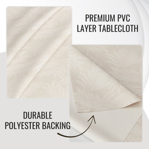 KP Home Ivory PVC Table Cloth Wipe Clean With White Fern Leaves - Wipeable Plastic Waterproof Table Cover with Soft Touch Feel in Cream Beige
