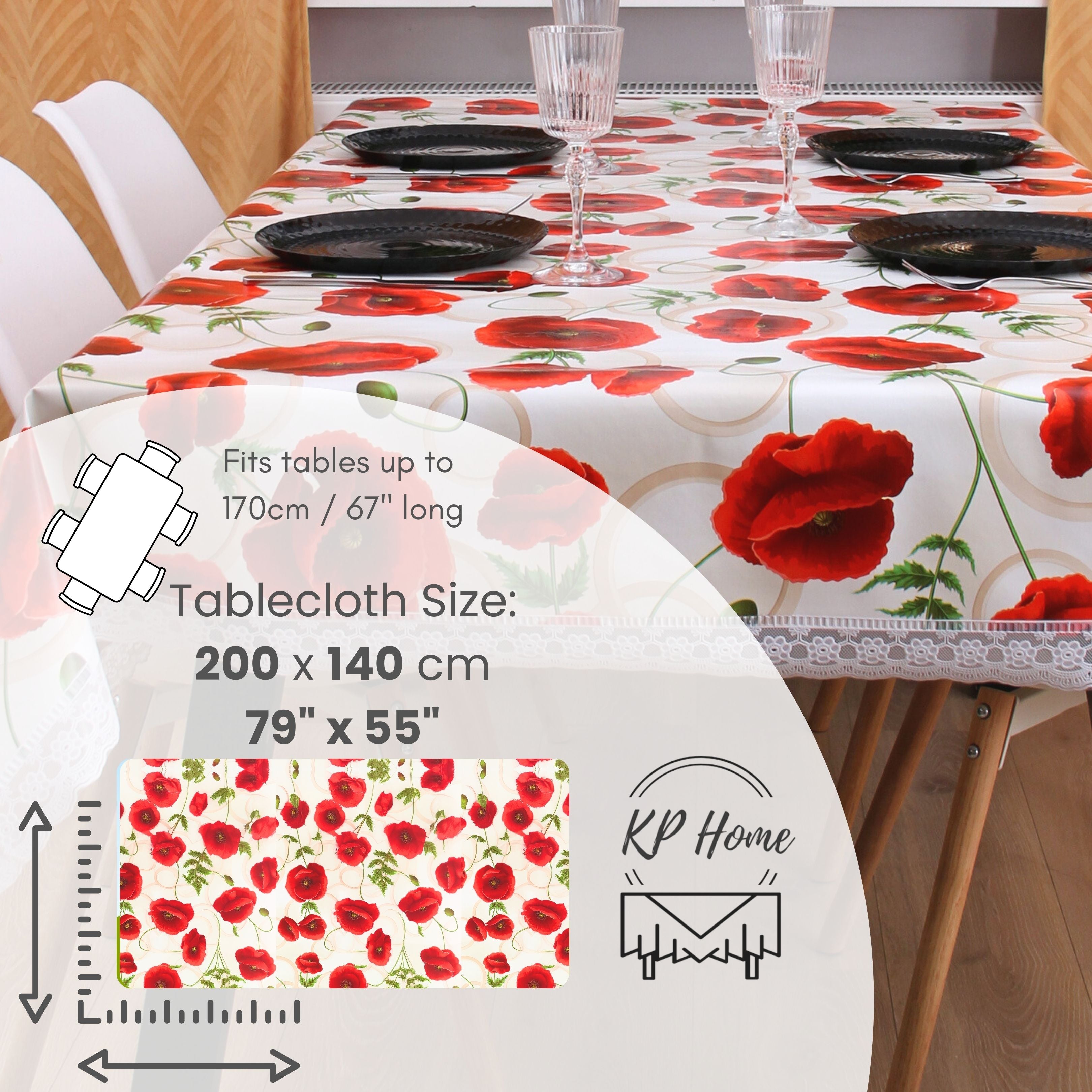 KP HOME Poppy Lace Bloom PVC Tablecloth – 200x140cm Wipe Clean Waterproof Oilcloth for Indoor & Outdoor Use