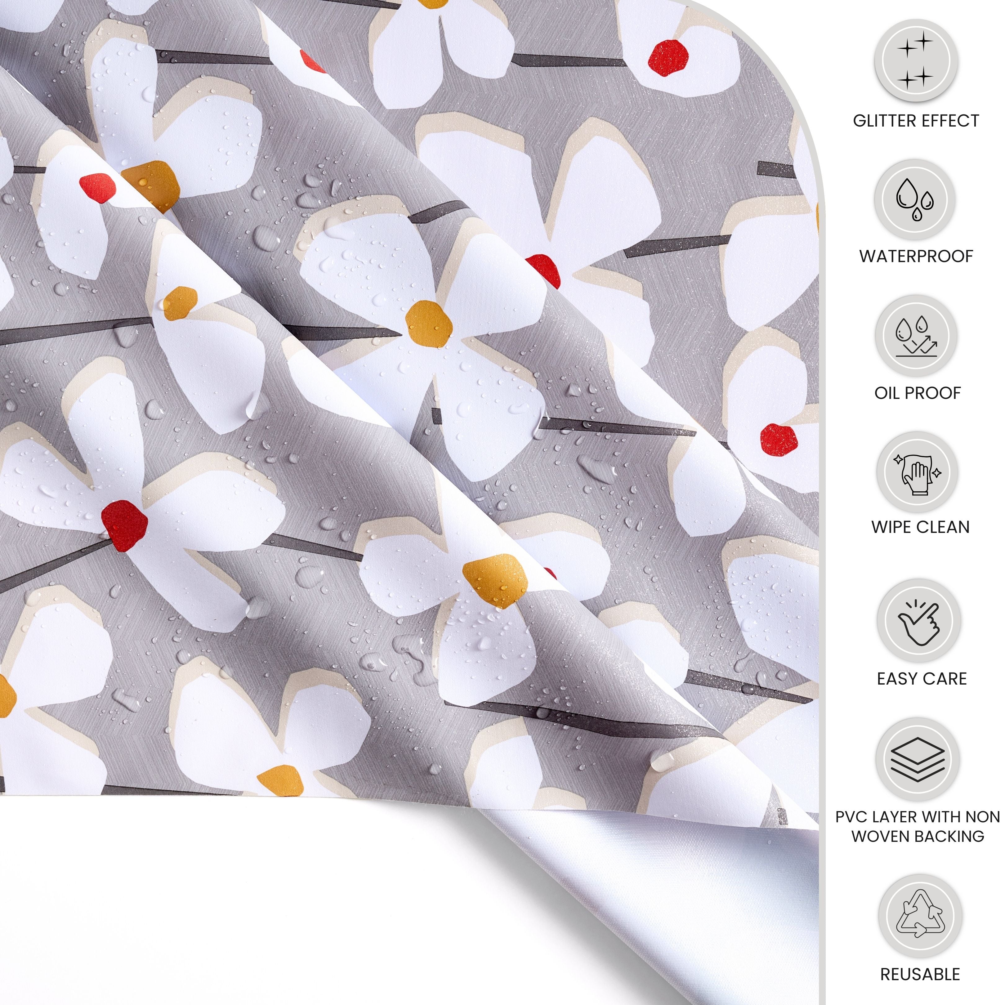 KP Home Vivid Petal Harmony Glitter Pattern  PVC Tablecloth – 200x137cm & 137x137cm Wipe Clean Waterproof Oilcloth for Indoor & Outdoor Use