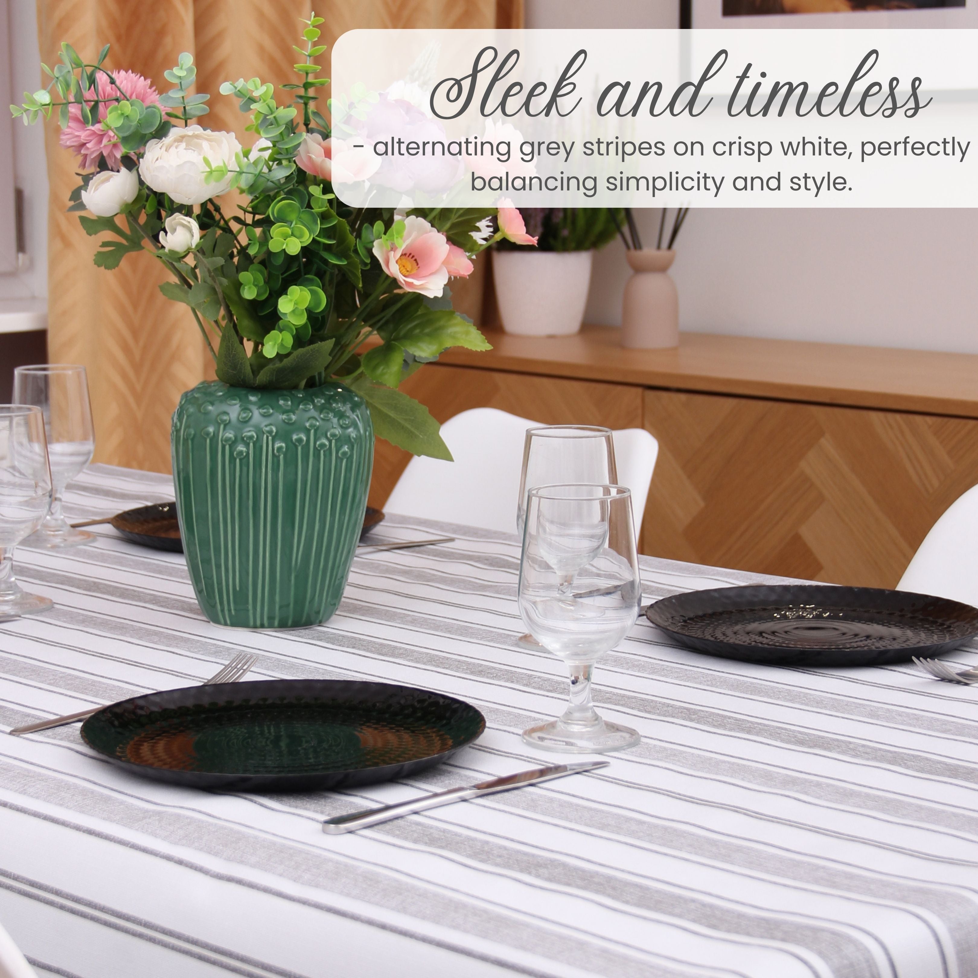 KP Home Grey Sophisticated Stripes Pattern  PVC Tablecloth – 200x137cm & 137x137cm Wipe Clean Waterproof Oilcloth for Indoor & Outdoor Use