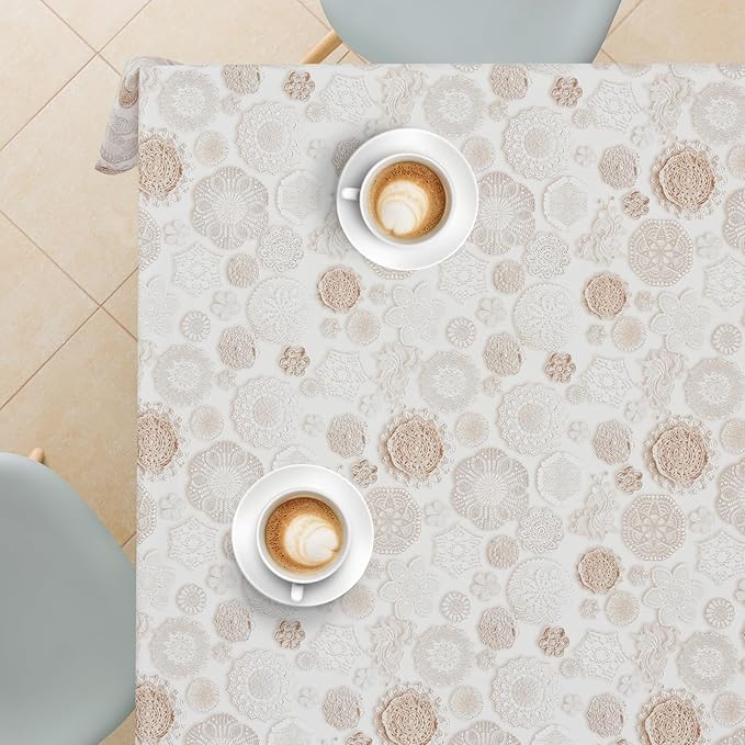KP HOME Wipe Clean Tablecloth Rectangular in Lace Print - PVC Wipeable Plastic Table Cloth for Outdoor - Waterproof Rectangle Beige Oilcloth 8 Seat Dining Table Cover