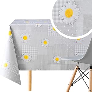 KP HOME Wipe Clean Tablecloth Rectangular Table- Wipeable Tablecloth up to 6 Seats Waterproof Plastic Cover Kitchen Vinyl Oilcloth Grey Daisy Chamomile Flower Patchwork Design