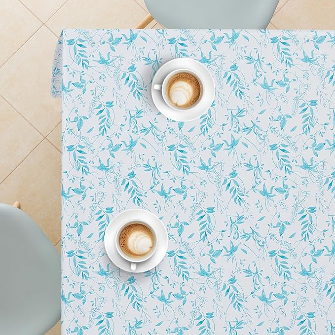 KP HOME Wipe Clean Tablecloth Rectangular Table- PVC Wipeable Plastic Table Cloth for Outdoor - Waterproof Rectangle Turquoise Oilcloth 6 Seat Table Cover in Teal Blue Leaf Pattern